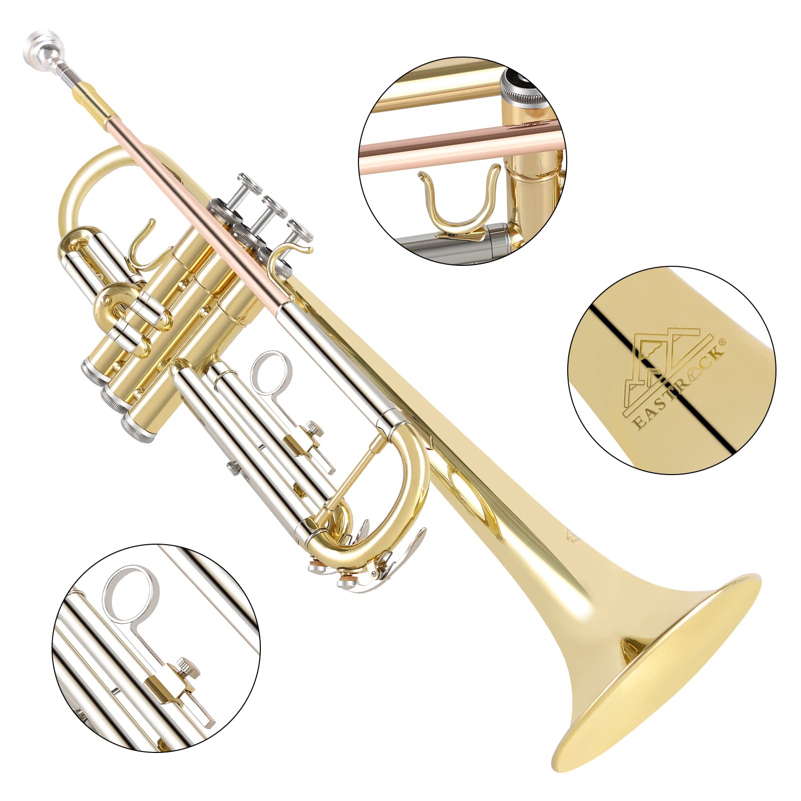 Eastrock Bb Trumpet Standard Trumpet Set With Carrying Case,Gloves, 7C Mouthpiece, Cleaning Kit, Tuning Rod (Phosphor Copper/Cup