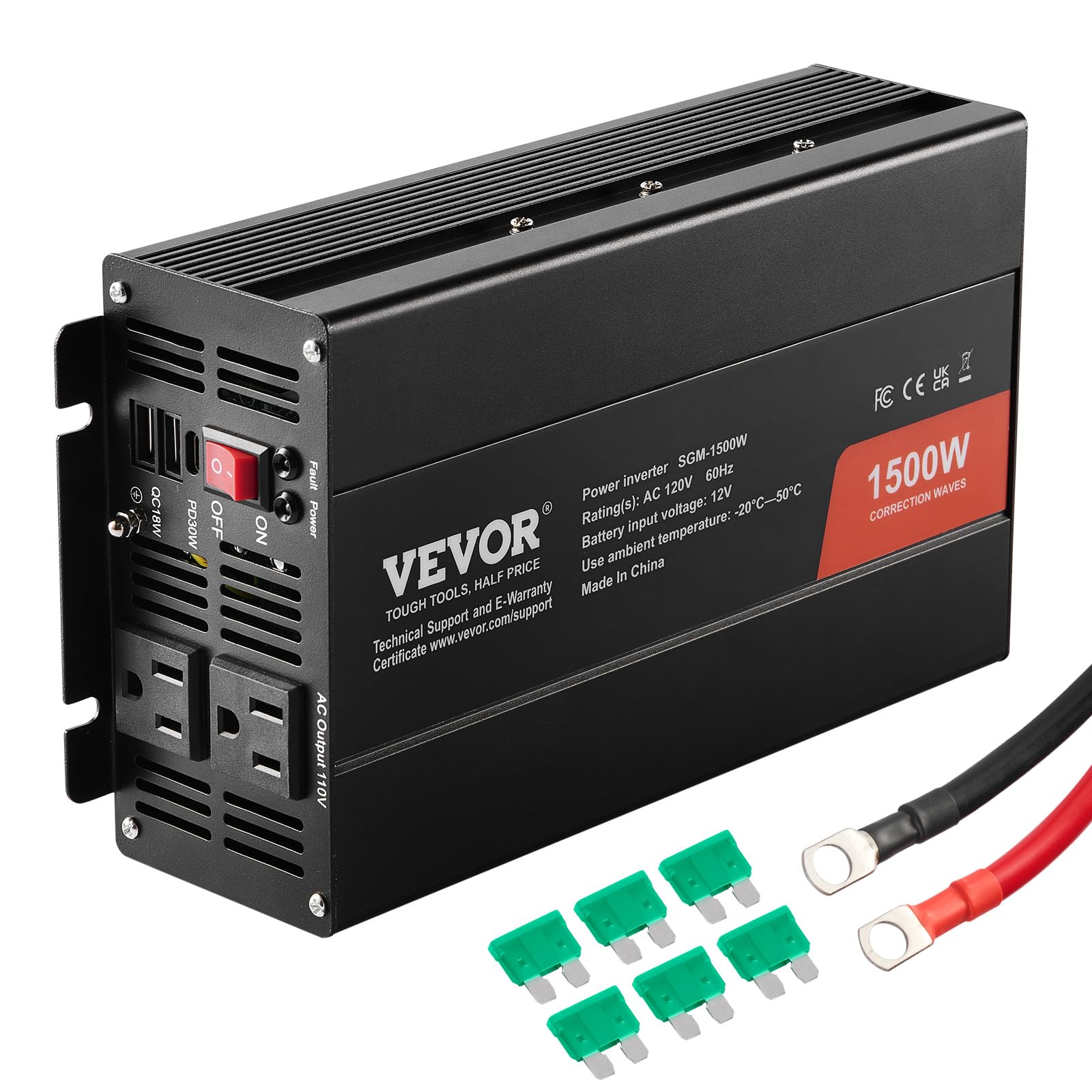 VEVOR Modified Sine Wave Inverter, 1500W Power Inverter DC 12V to AC 120V with 2 AC Outlets 2 USB Port 1 Type-C Port 6 Spare Fus