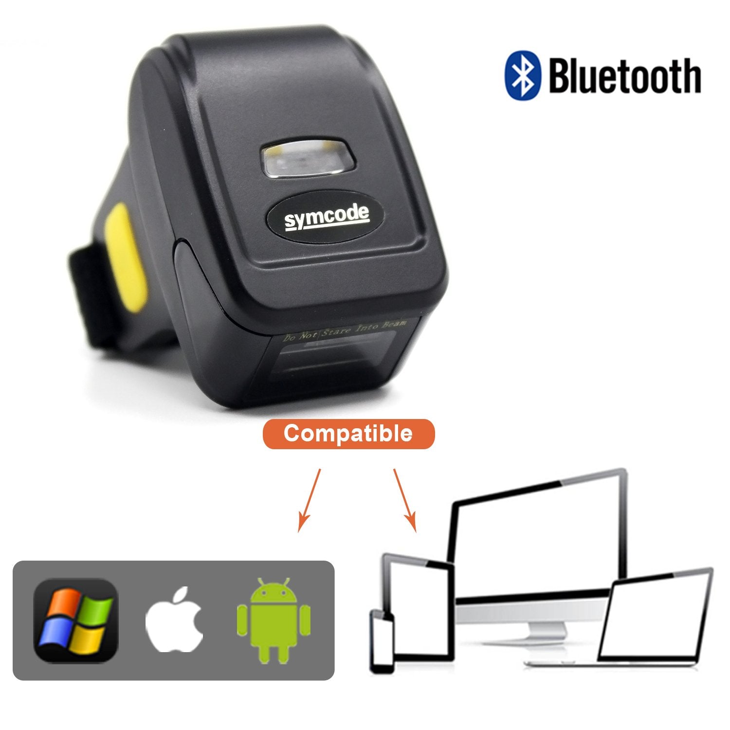 Bluetooth Wireless Ring Barcode Scanner, Portable Wearable Mini Finger 1D Bar Code Reader Work With Windows, Mac Os, Android 4.0