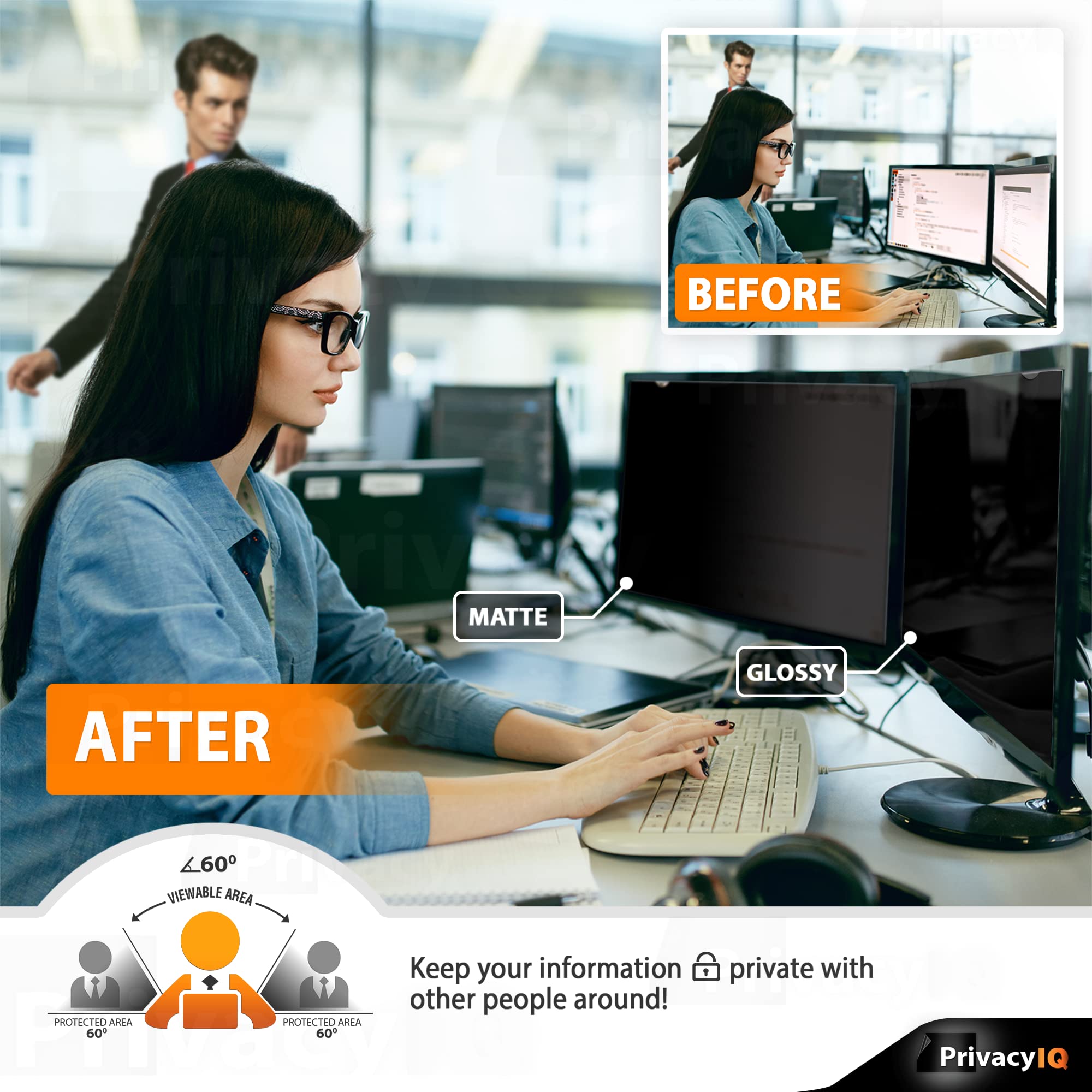 Privacy Iq 24'' Inch 16:9 (2 Pack) Monitor Privacy Screen Filter For 60 Degree Privacy, Advanced Anti Glare, Uv Light Reduction