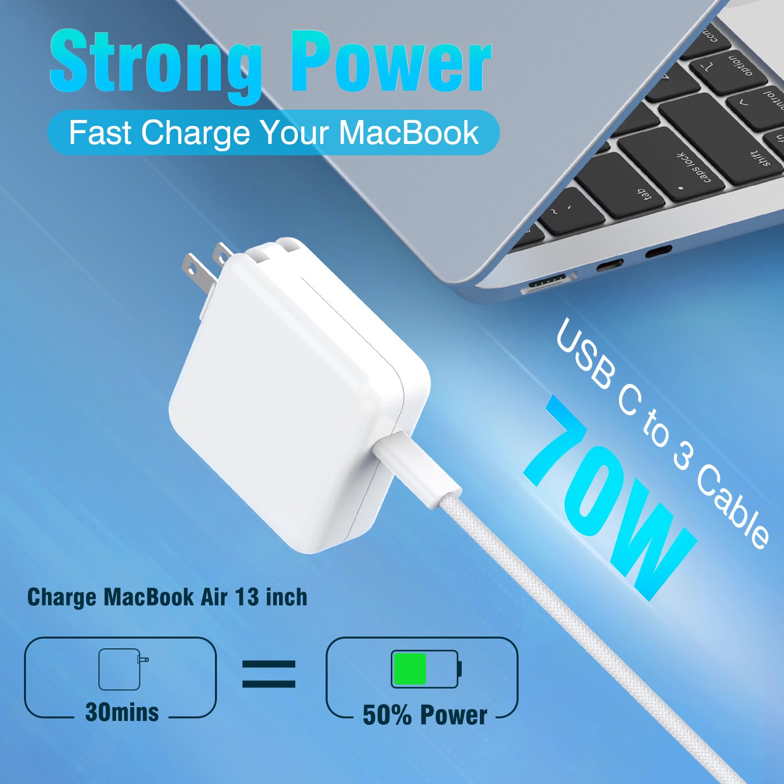 Charger For Macbook Air 13 15 Inch M2 M3 2024 2023 2022 2021 Macbook Pro 14 Inch M1 M2 M3, 70W Usb C Power Adapter, 6.6Ft Usb C