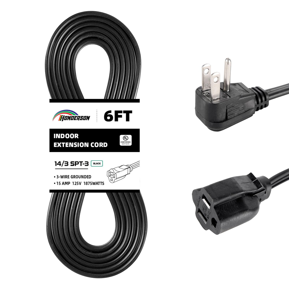 Honderson Flat Plug Extension Cord, Ul Listed, Indoor Extension Cord 14 Gauge 6Ft Black, 14/3 Spt 3 15A 3 Prong Grounded Power C