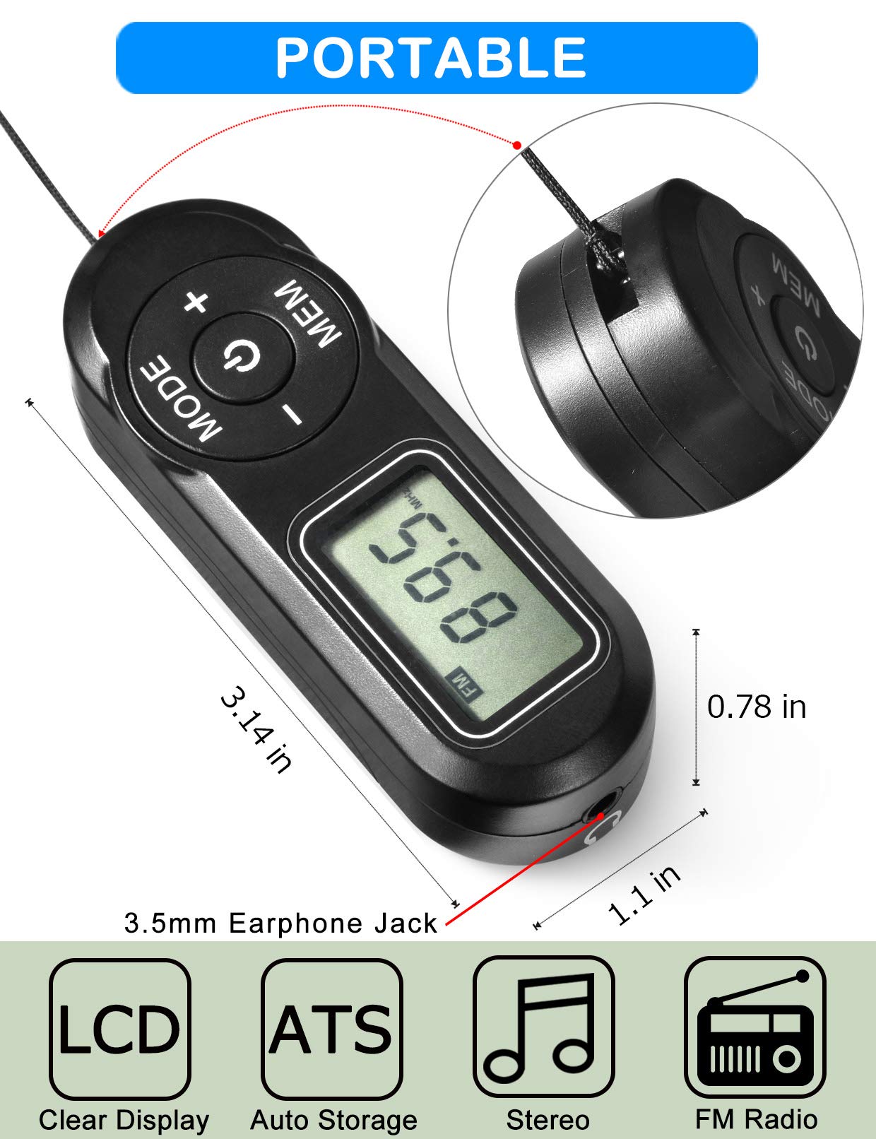 Portable Radio, Zhiwhis Fm Digital Tuner With Best Reception, Pocket Transistor Receiver With Stereo Sound, Battery Operated Wal