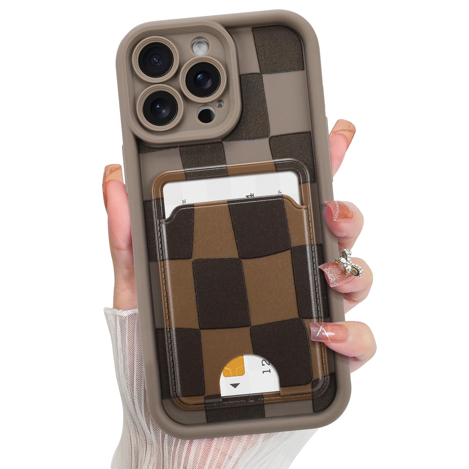 KANGHAR Compatible with iPhone 14 Pro Case, Wallet Silicone Checkered Cute Pattern, Card Holder Camera Protection Soft Slim Shoc