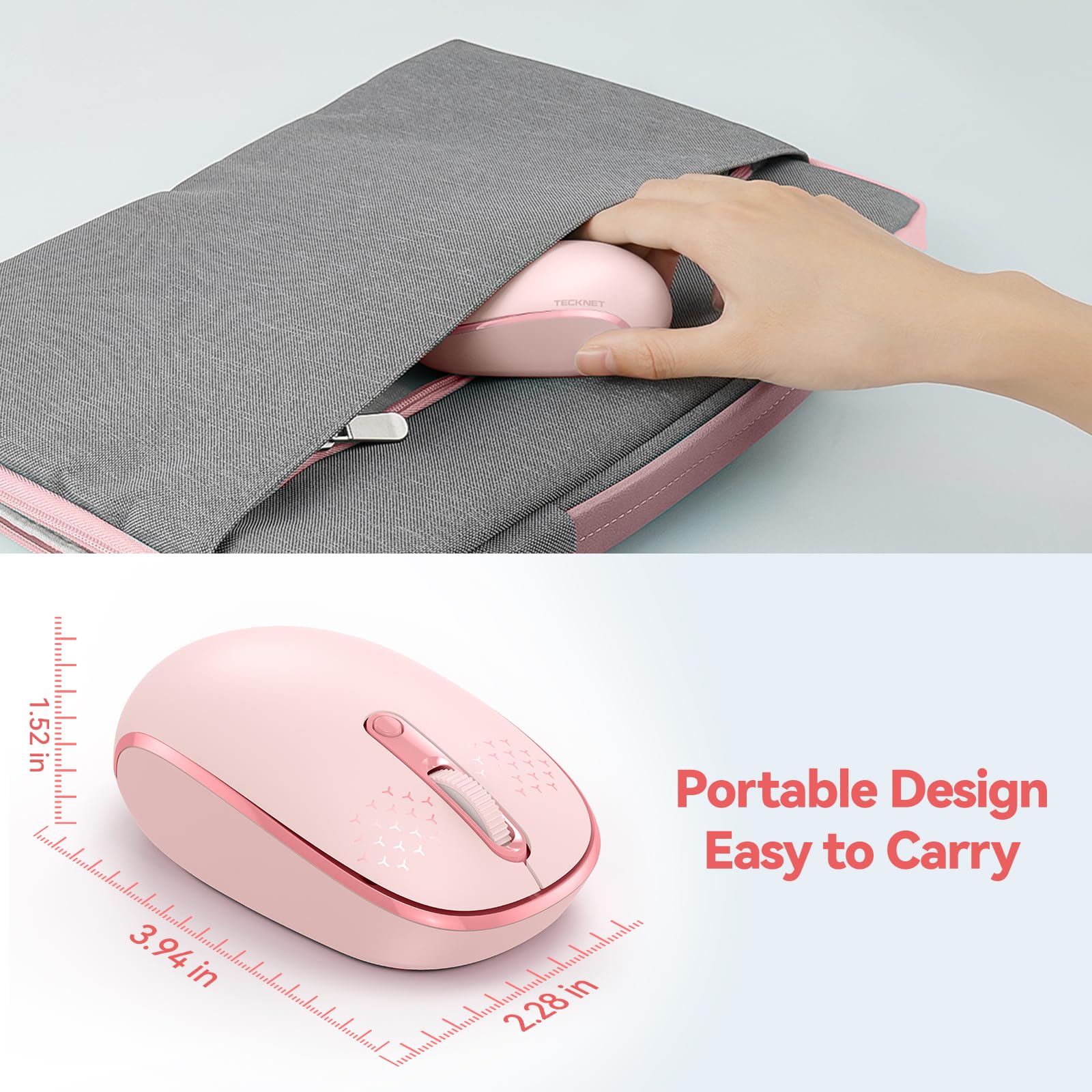 Tecknet Wireless Mouse, 2.4G Quiet Computer Mouse With Usb Receiver, 4 Buttons Portable Cordless Mice For Chromebook, Laptop, Pc, Mac, 800/1200/1600 Dpi   Pink