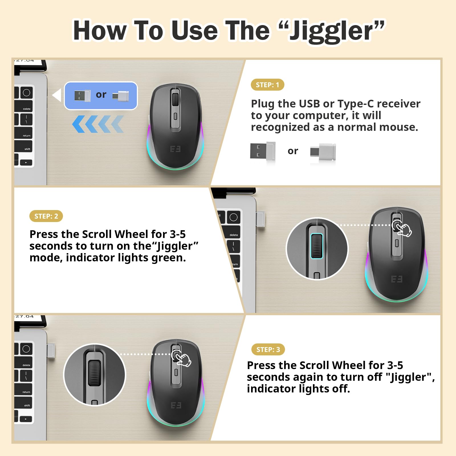 Seenda Wireless Mouse, Type C Mouse With Jiggler   Light Up Usb C Mouse, Usb&Type C Receiver, Build In Jiggler Mover Compatible With Macbook,Ipad,Windows Tablet/Laptop/Computer, Grey