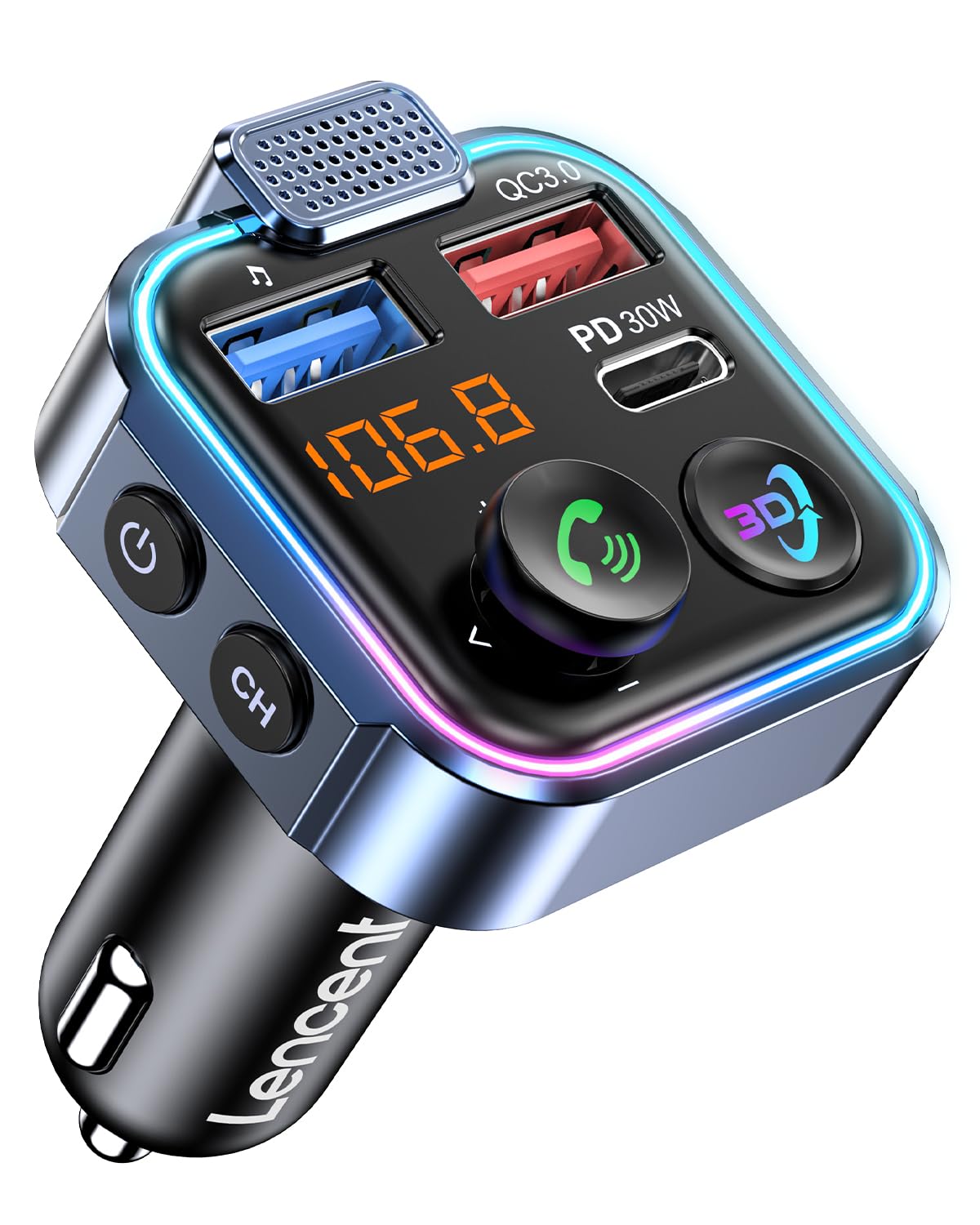 Lencent Bluetooth 5.3 Fm Transmitter, Wireless Radio Adapter Car Kit With Type C Pd 30W+ Qc3.0 Fast Usb Charger, Hands Free Call