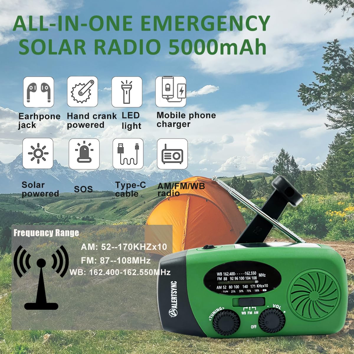 5000Mah Alertsync Noaa Weather Emergency Radio With Solar Charging, Am Fm Hand Crank Windup Radio Sos Alarm Led Flashlight With