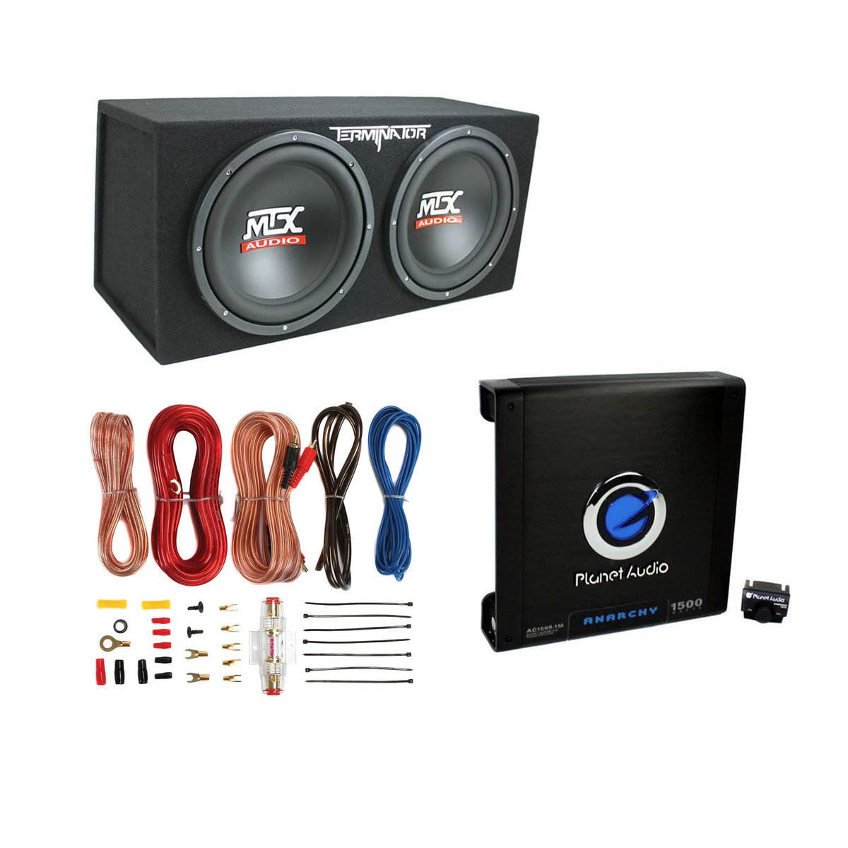 MTX 12' 1200W Dual Loaded Subwoofers w/Enclosure Bundled with Planet Audio Amplifier & Soundstorm Wiring Kit (2 Pack)