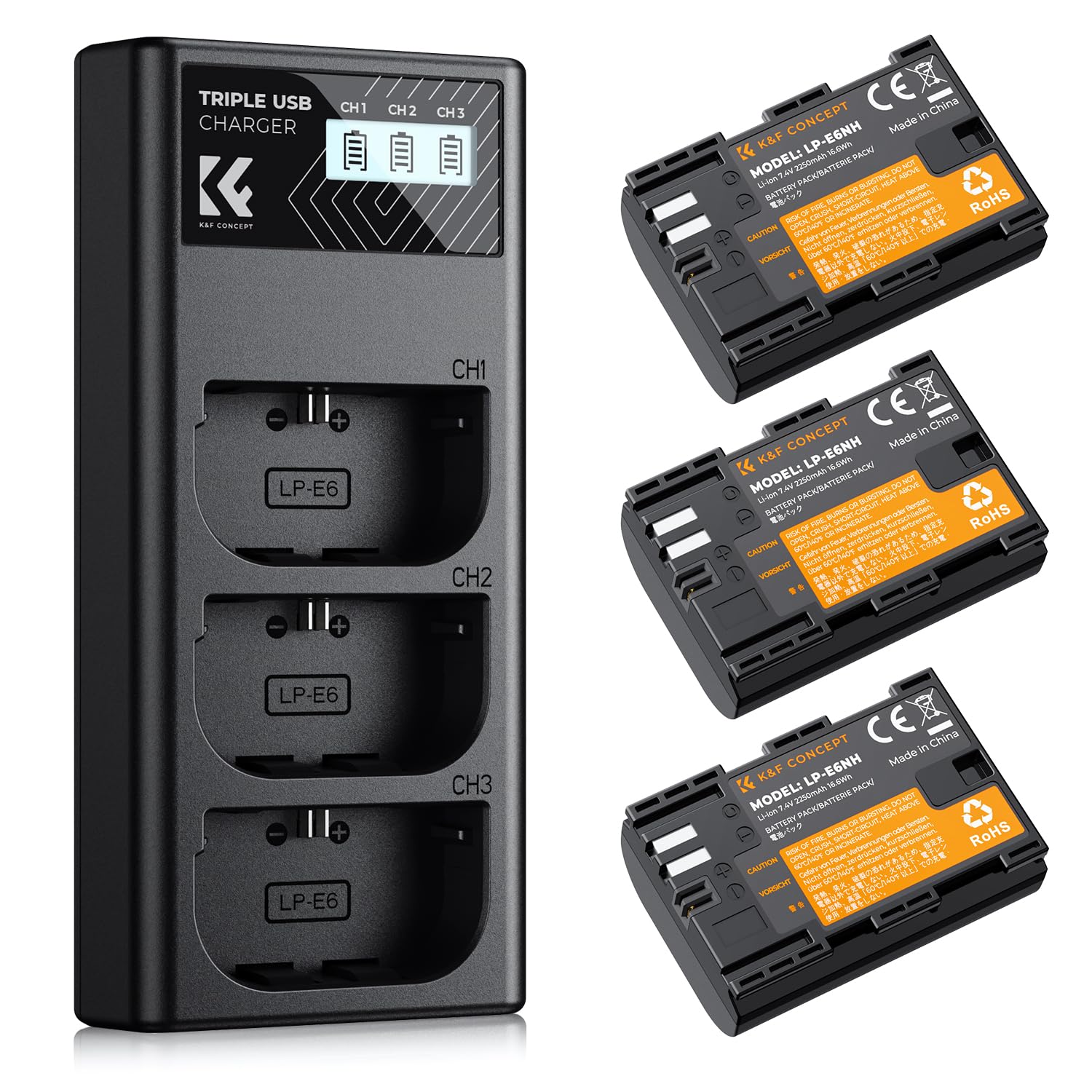 K&F Concept 3 Pack Lp E6Nh Battery And Triple Slot Charger For Canon Eos R7, R6, R5, R, 6D Mark Ii, 5D Mark Iv, 5D Mark Iii, 5Ds