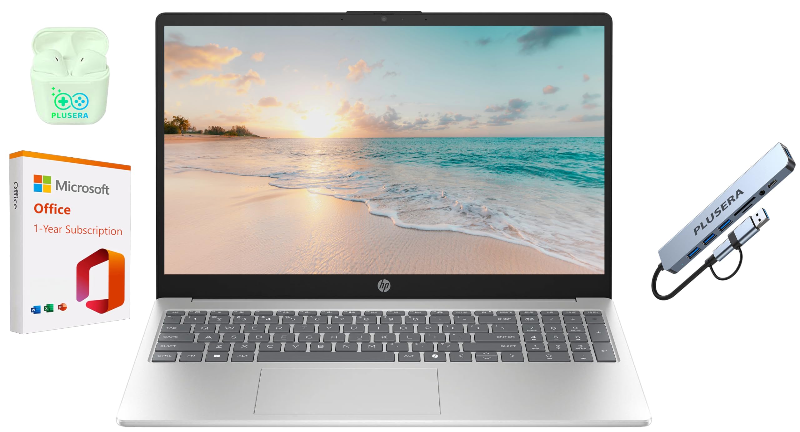 HP 15.6 LED Laptop Computer, Quad-Cores Intel Pentium, Windows 11 S with 1-Year Microsoft Office 365 Included, PLUSERA Earphones