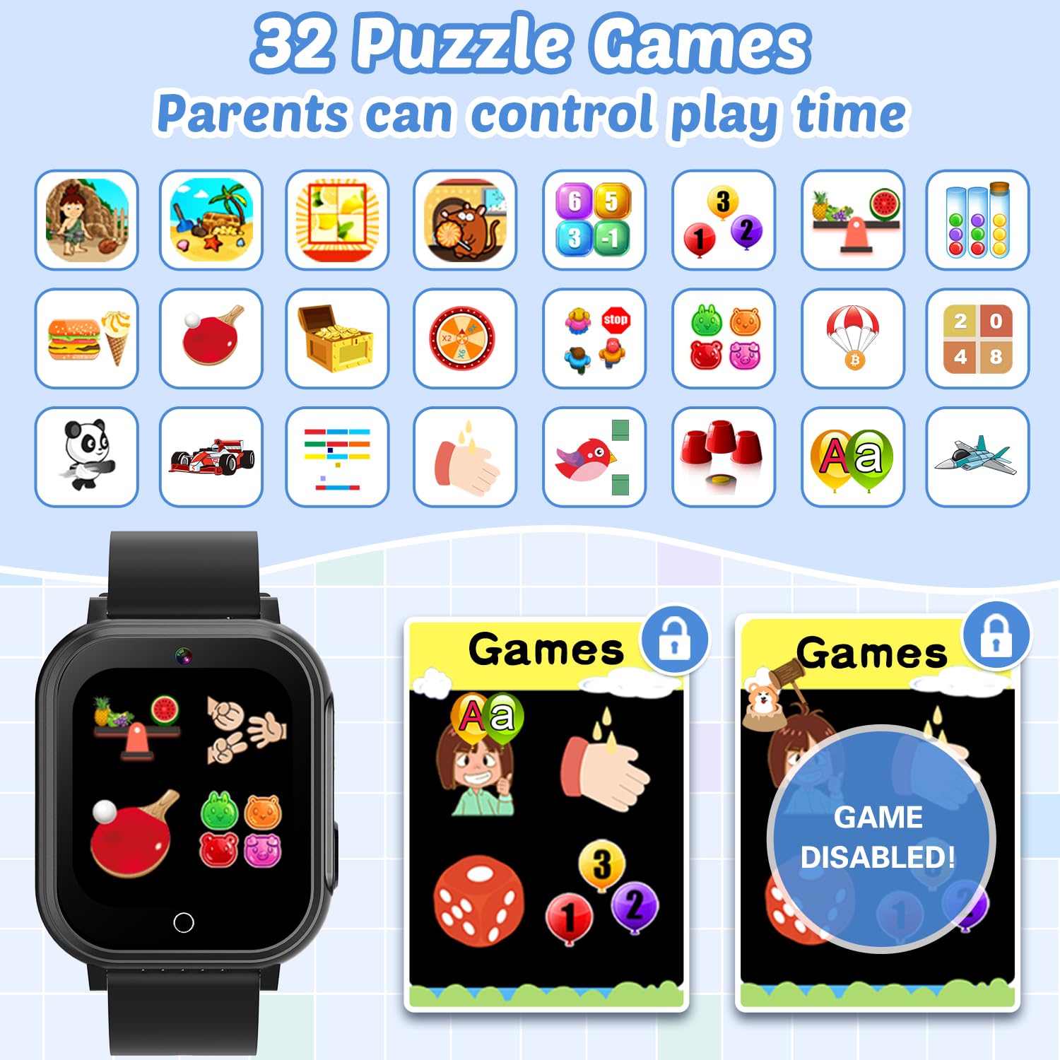 Waterproof Smart Watch For Kids With 32 Games Dual Camera Video Habit Tracking Music Player Pedometer Screen Protectors Lanyard,