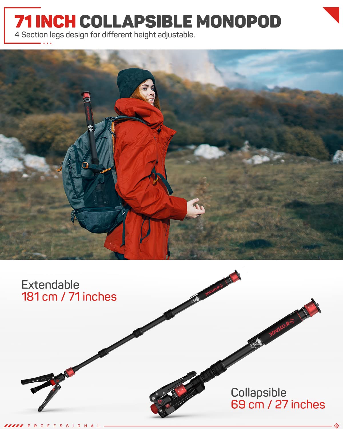 Ifootage 71'' Monopod For Cameras, Lightweight Travel Monopod With Feet, Professional Aluminum Camera Monopod, Compatible With S