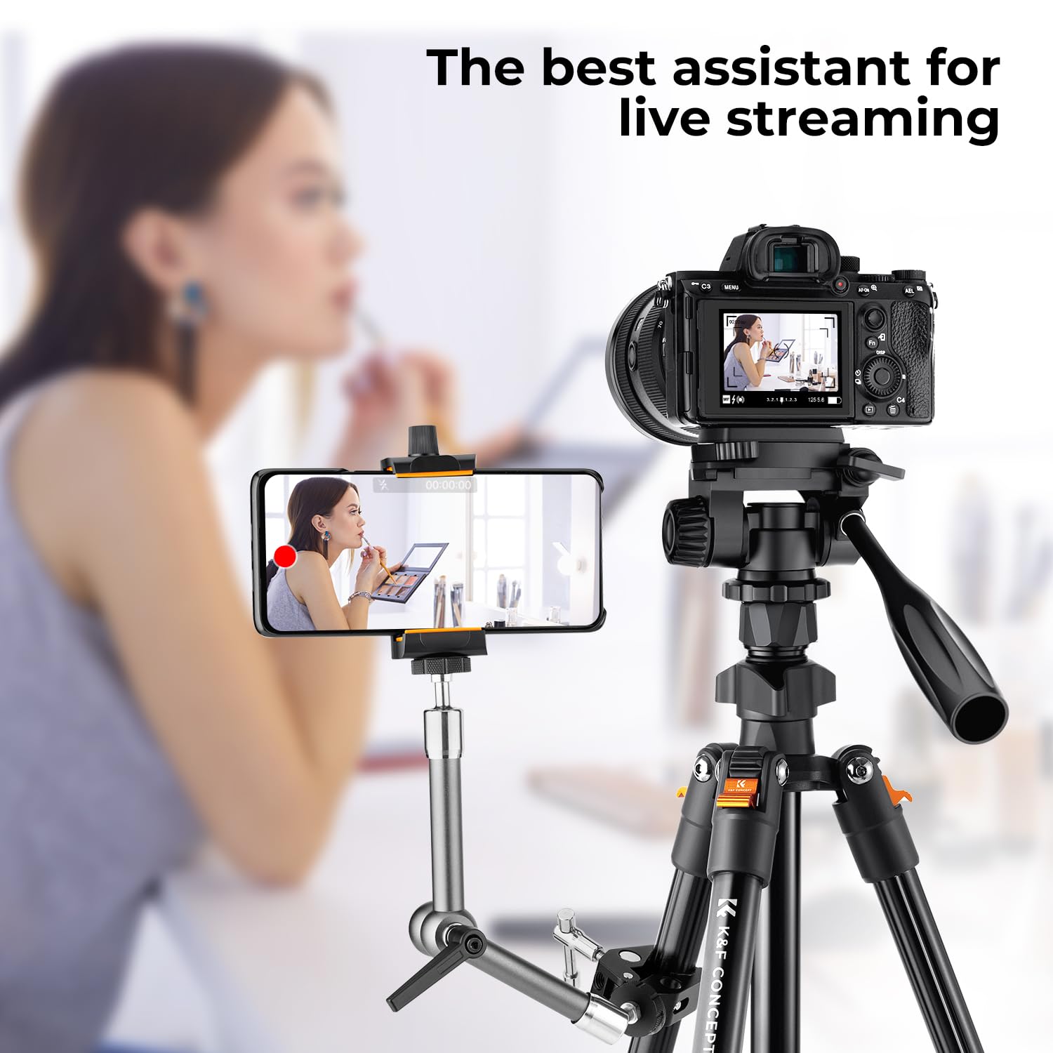K&F Concept 70 Video Tripod,Lightweight Travel Tripod With 3-Way Swivel Pan Tilt Head Load 6.6 Lbs, Phone Holder Smartphone Clip