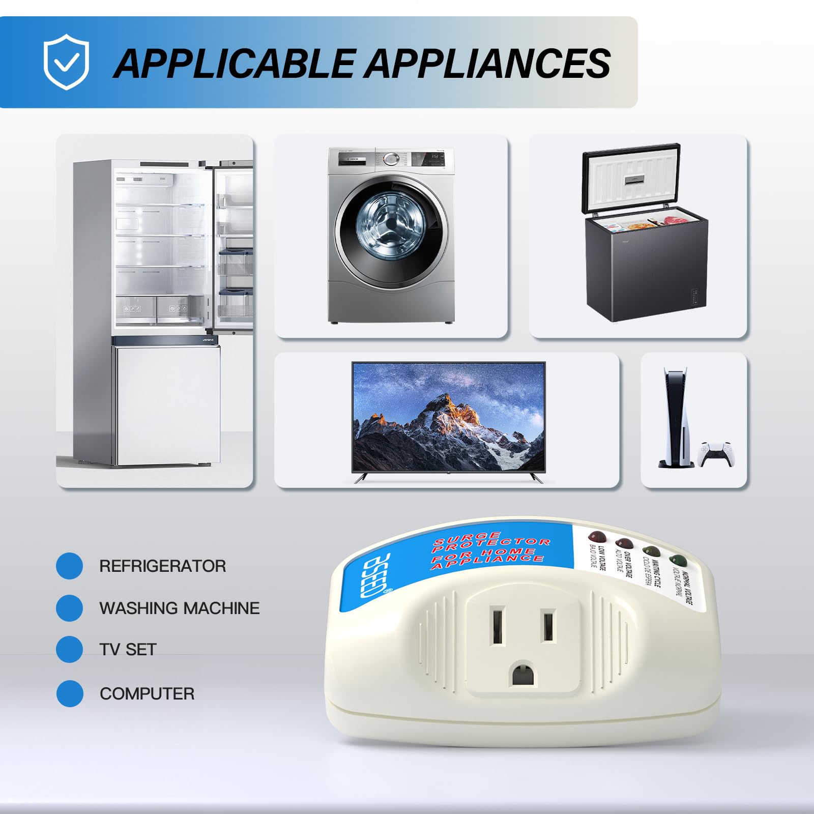 Bseed Surge Protector For Refrigerator, Single Outlet Surge Protector Plug In For Home Appliance Multi Function Plug With Protec