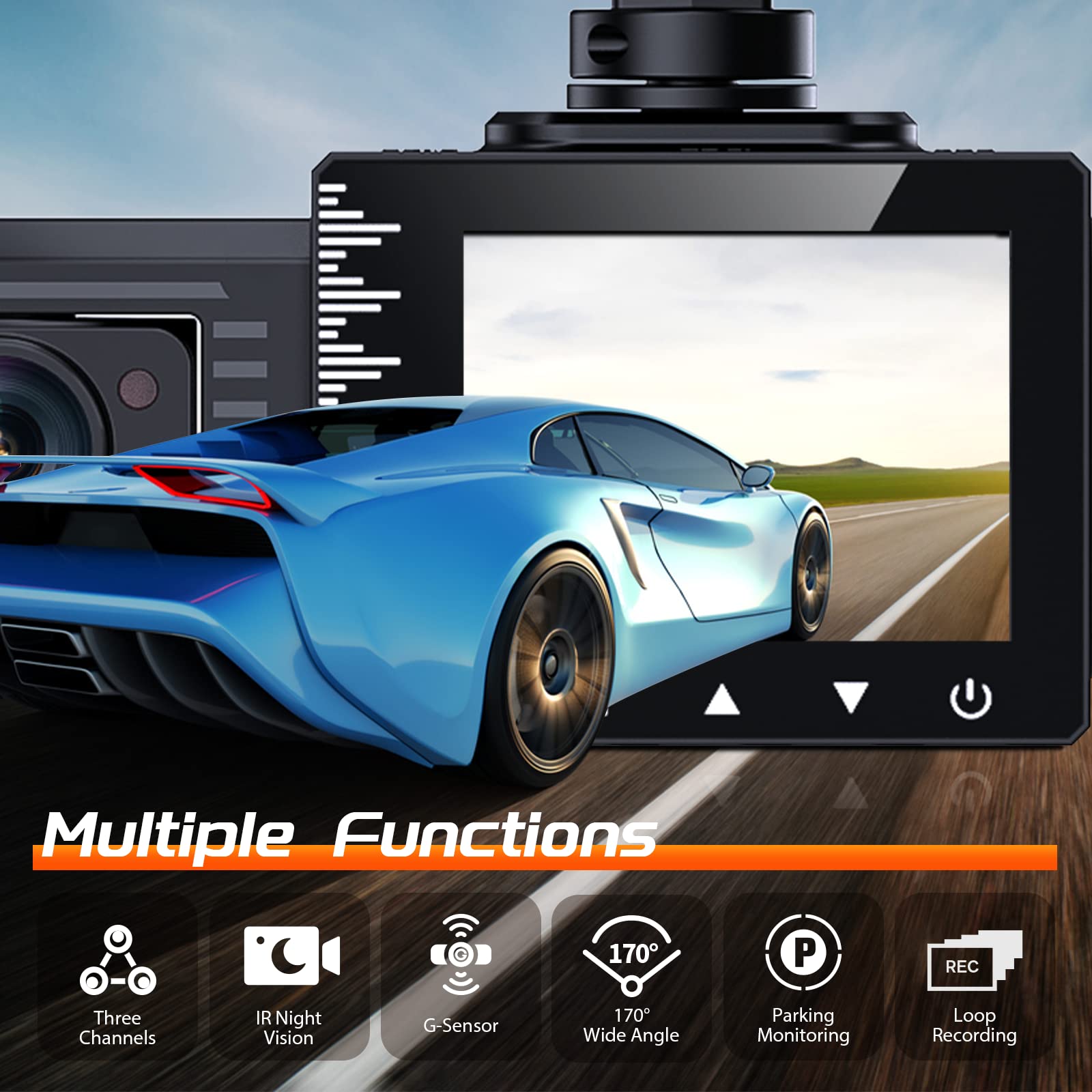 Iiwey T1 Pro Dash Cam Front And Rear Inside 3 Channel 1080P, Adjustable Lens Dash Camera For Cars With 8 Ir Lamps Night Vision,