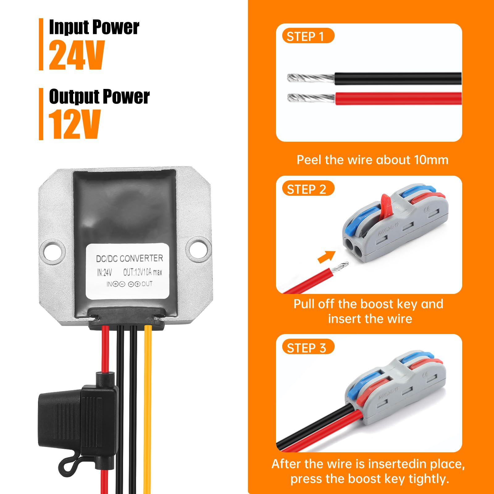 Mzhou Dc 24V Step Down To 12V 10A 120W Power Converter, 18V 35V To 12V Dc/Dc Buck Regulator With Terminal Block, Fuse, Waterproo