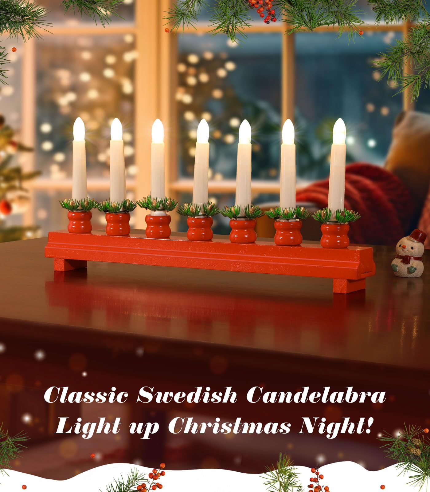 Lewondr Electric Christmas Candelabra With 7 Flameless Taper Candles, Usb Powered Wooden Candle Bridge Light For Decorative Xmas