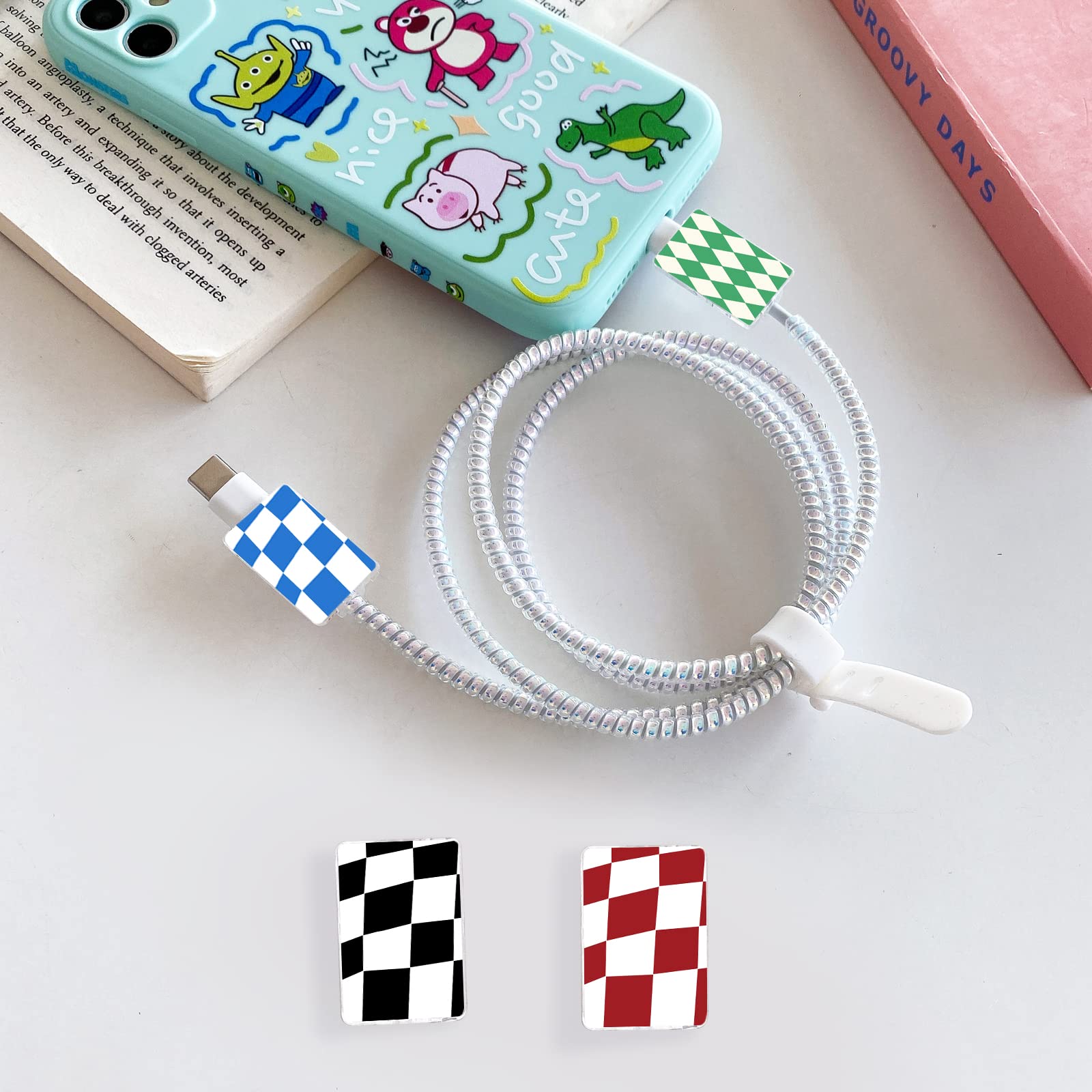Cute Cable Protector For Iphone Charger, Kawaii Funny Colorful Checkerboard Pattern 4 Pcs Set Cable Protector For Women Girls,Ch