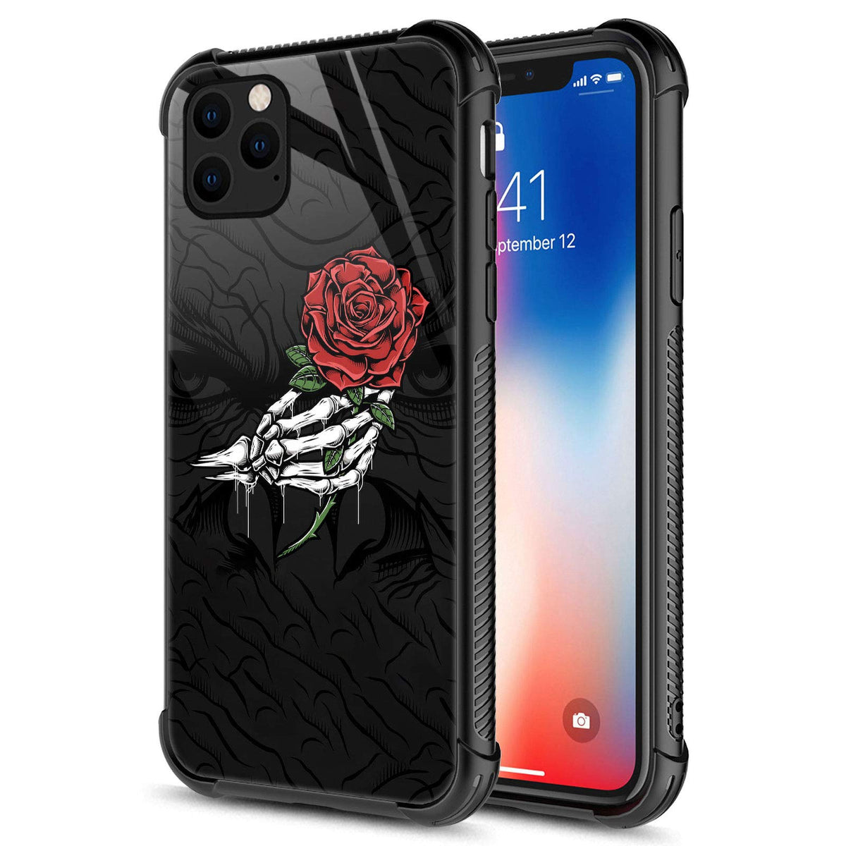 Carloca Compatible With Iphone 12 Pro Max Case,Skull Hand Holding Rose Iphone 12 Pro Max Cases,Graphic Design Shockproof Anti Sc