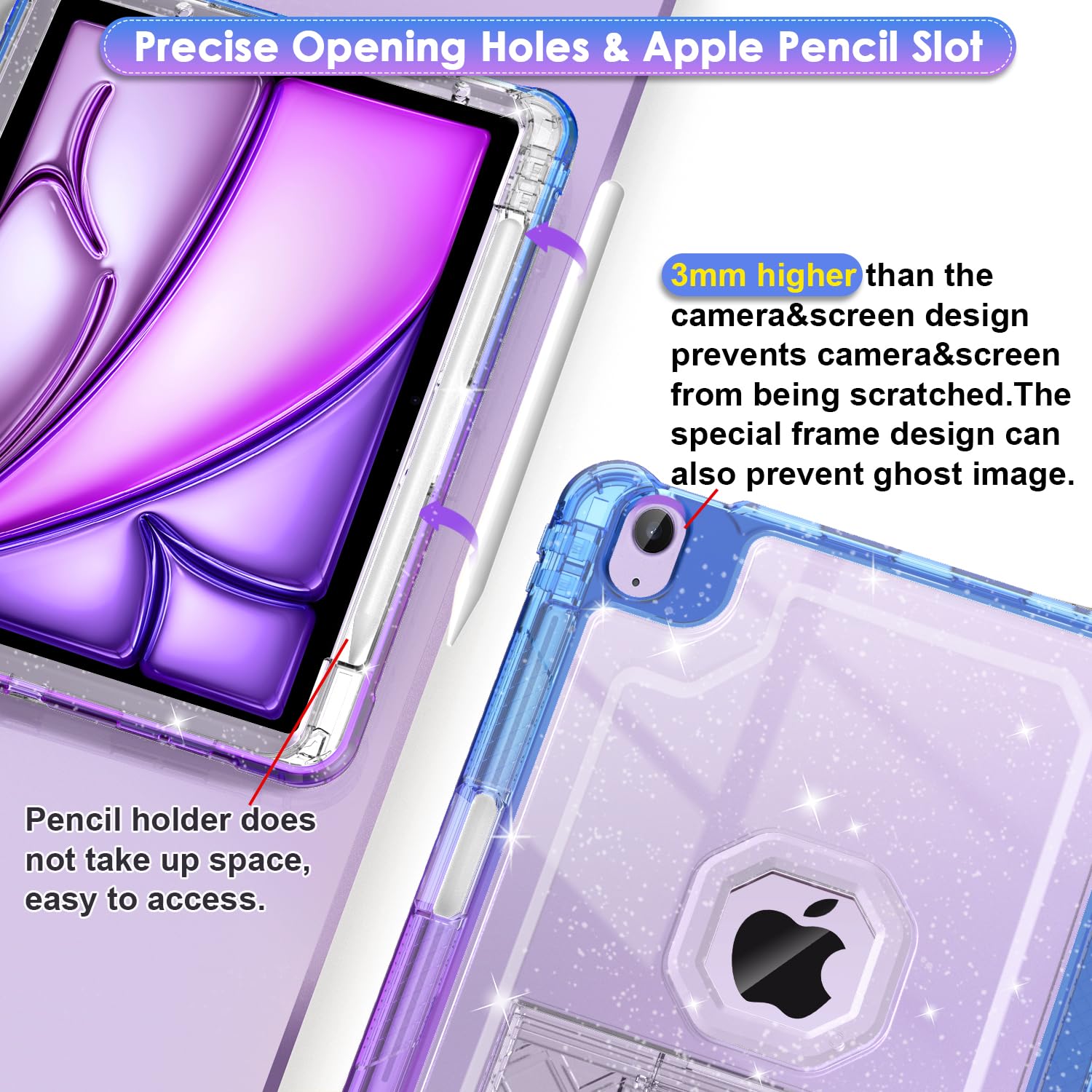 Zonefoker For Ipad Air 6Th 11 Inch M2 Generation Case 2024, Ipad 5Th/4Th 11 Inch 2022/2020, Purple Blue Glitter Cover With Penci