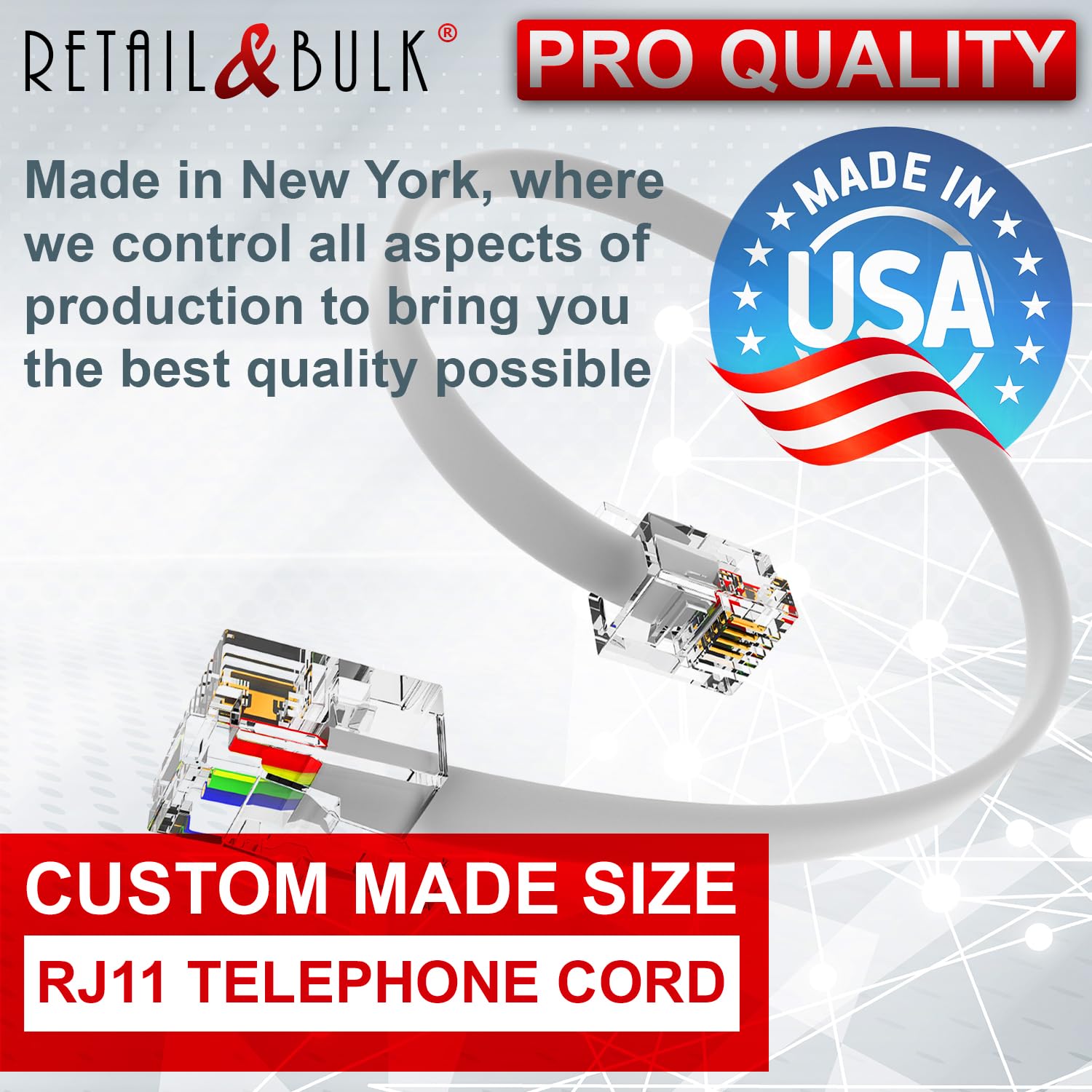 Custom Size Premium Quality Telephone Cable, Rj11 Male To Male 6P4C Phone Line Cord. Made In Usa By Retail&Bulk� (Custom Size, Custom Wiring   Straight Or Reversed)