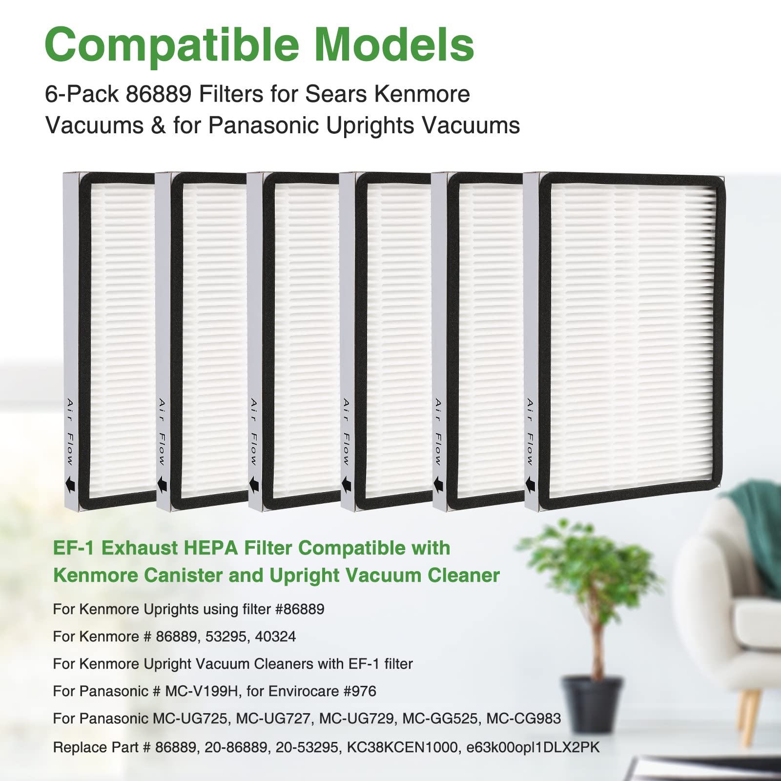 6 Pack 86889 Hepa Filters For Sears Kenmore Ef 1 Vacuums & Panasonic Uprights Vacuums