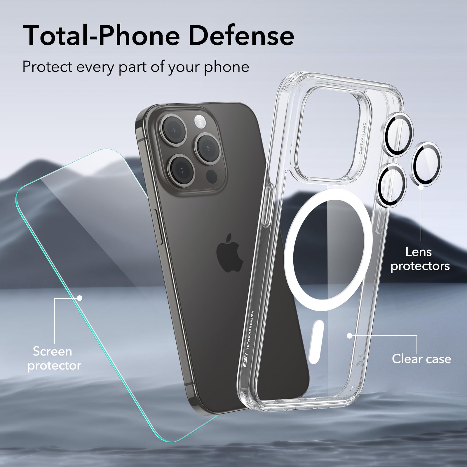 Esr For Iphone 15 Pro Max Case Set, 1 Tempered Glass Screen Protector, 1 Set Of Lens Protectors, Military Grade Protection, Yell