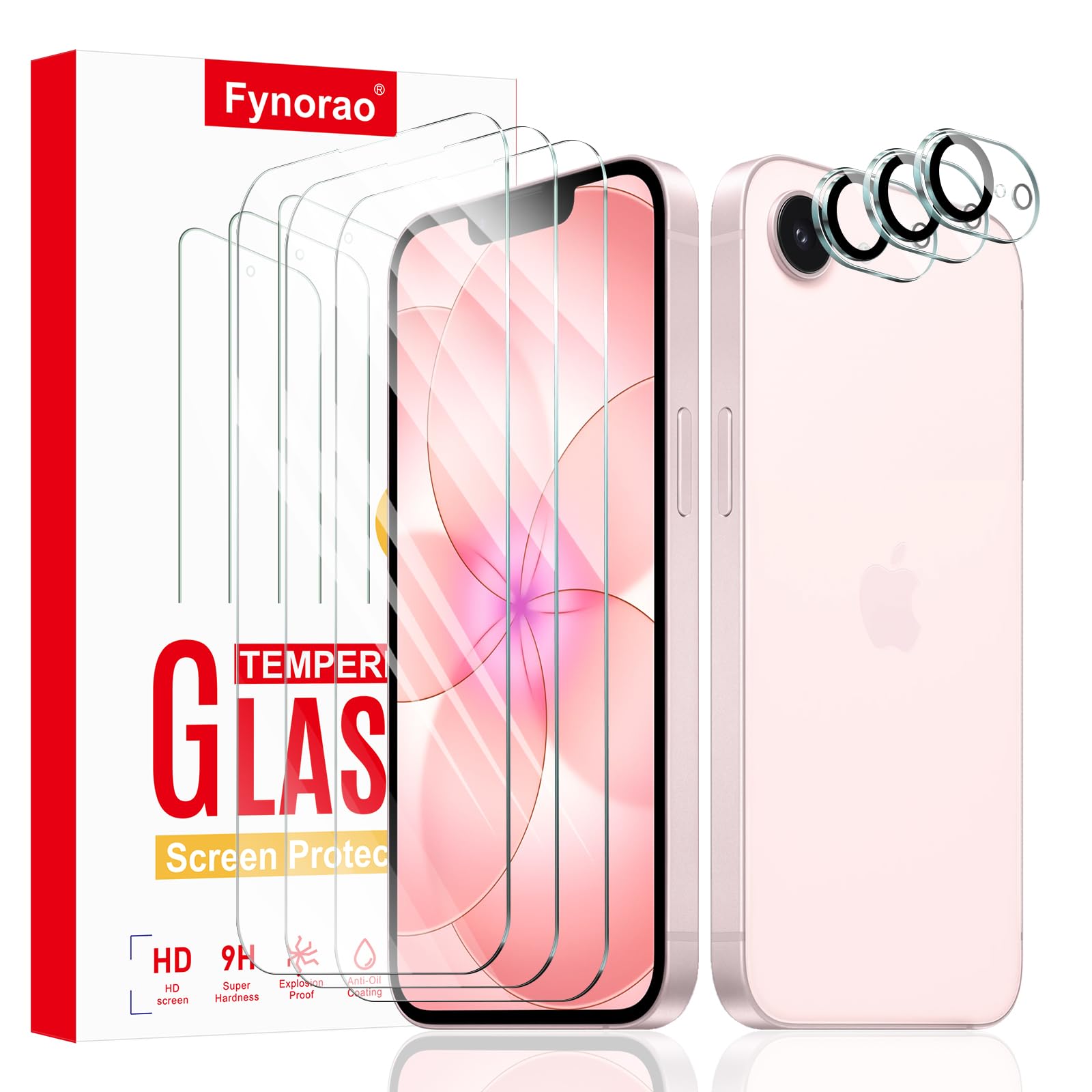 Fynorao 3+3-Pack, Screen Protector and Camera Lens Protector for iPhone 16e/17e, Tempered Glass Film, Impact-Protection, HD, Ant