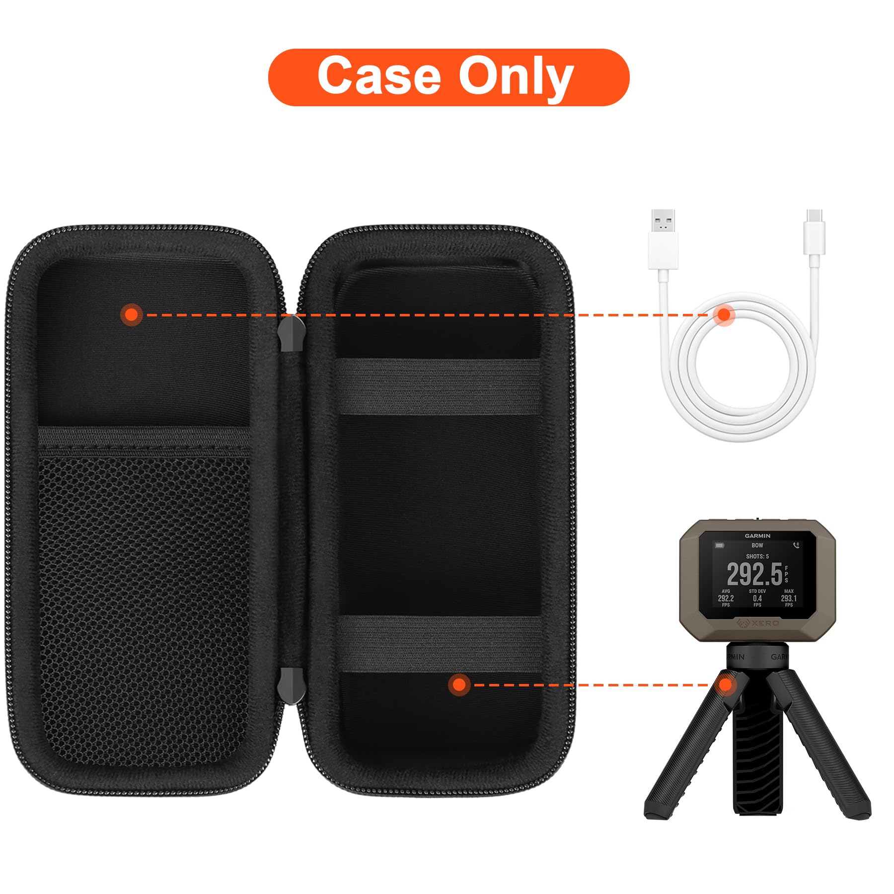 Canboc Hard Case For Garmin Xero C1 Pro Compact Chronograph, Mesh Pocket Fit Cable, Charger, Power Bank, Black+Black (Case Only)