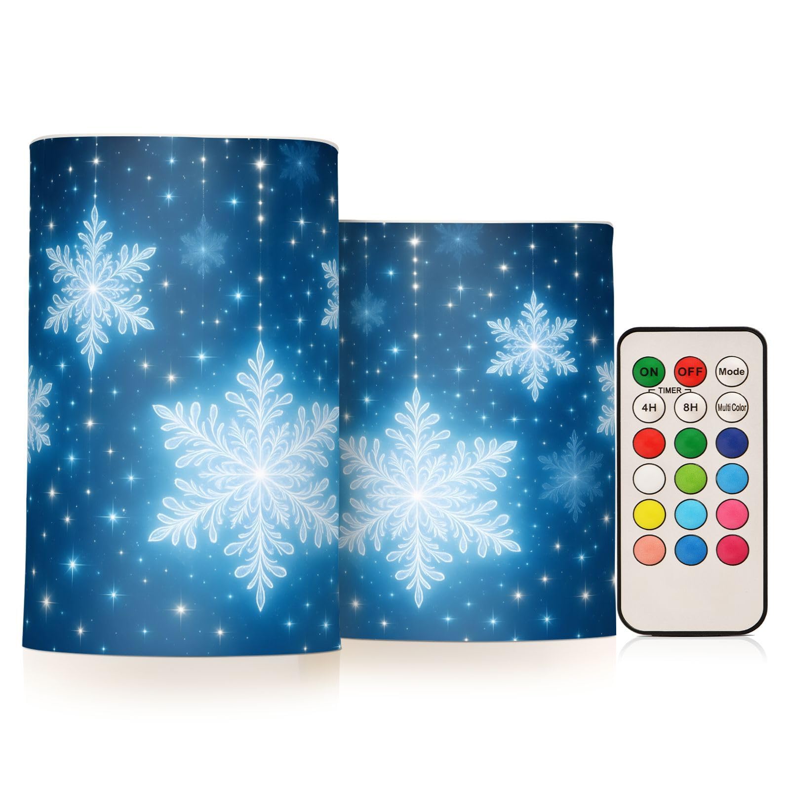 BOENLE Flickering Flameless Candles, Christmas Snowflakes Blue Background LED Candles with Remote Timer, Set of 2 Battery Operat