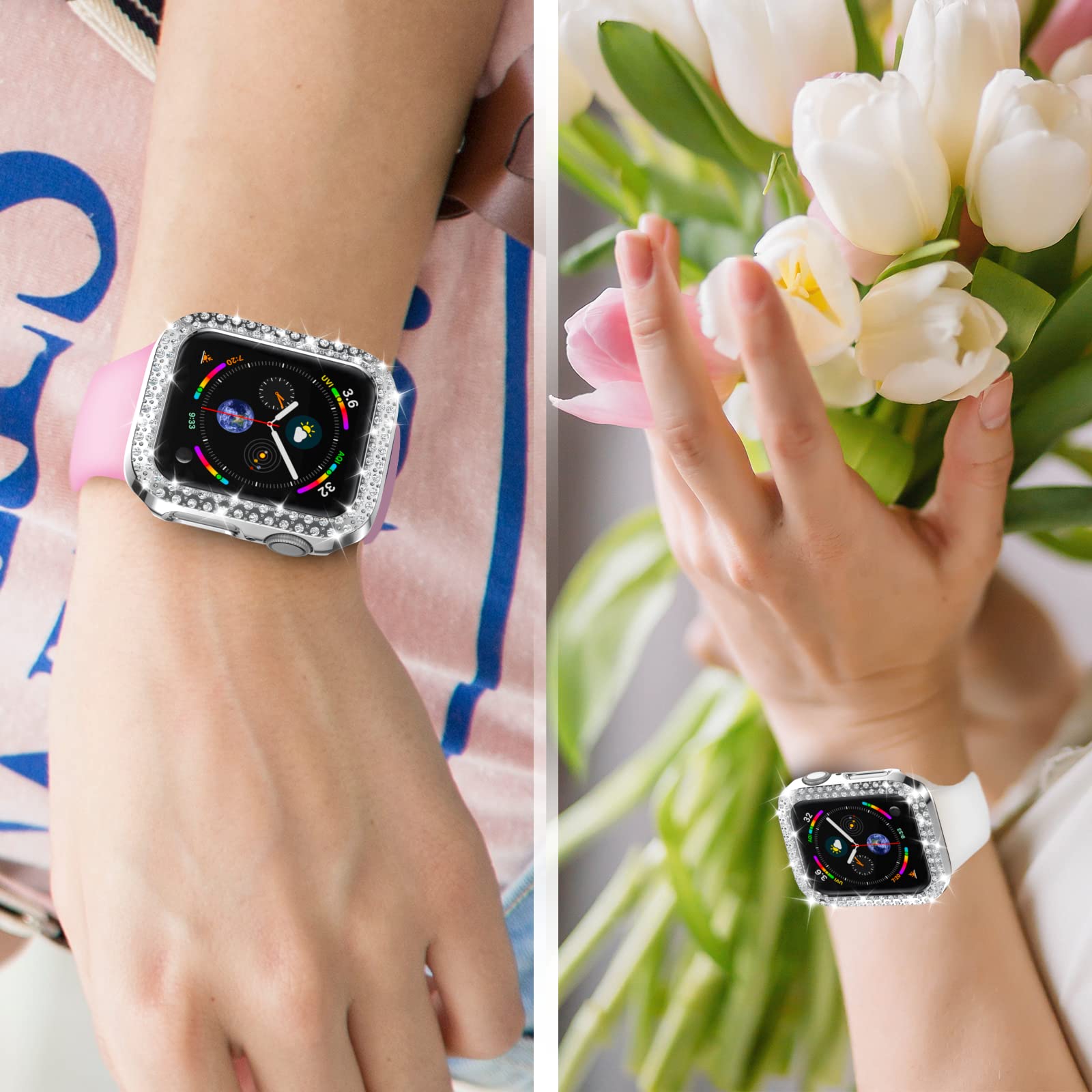 12 Pack Rc-Z For Apple Watch Series Se(2Nd) 6 5 4 44Mm Bling Case, Bumper Double Diamonds Rhinestone Protective Frame Replacemen