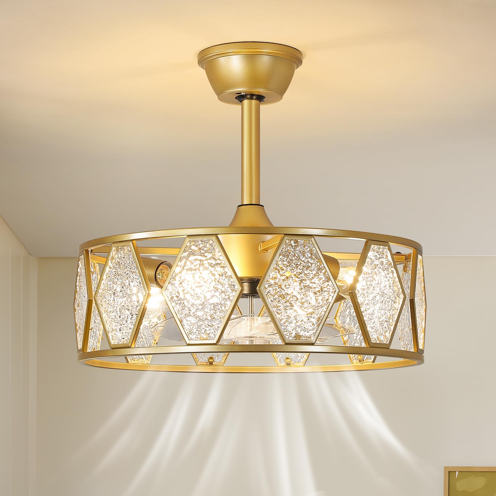 Gold Ceiling Fan with Light and Remote, 19 Inch Modern Fandelier Ceiling Fan with Brushless DC Motor, Semi Flush Mount Drum Ceil