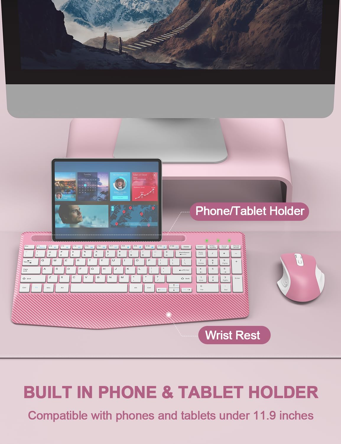 Wireless Keyboard And Mouse Combo, Ergonomic Keyboard With Wrist Rest, Phone Holder, Sleep Mode, 2.4G Lag Free Rechargeable Comp