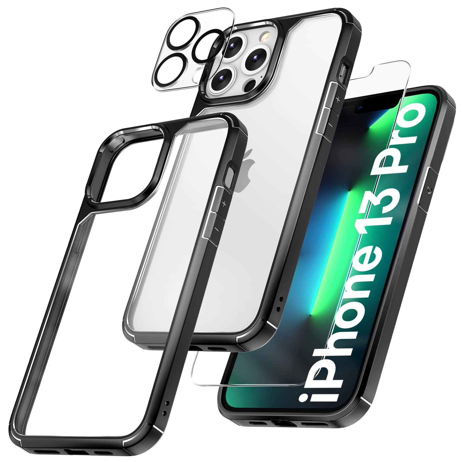 Tauri 5 In 1 For Iphone 13 Pro Case Black, [Not Yellowing] [Military Grade Protection] Slim Shockproof Phone Lanyard Case For Ip