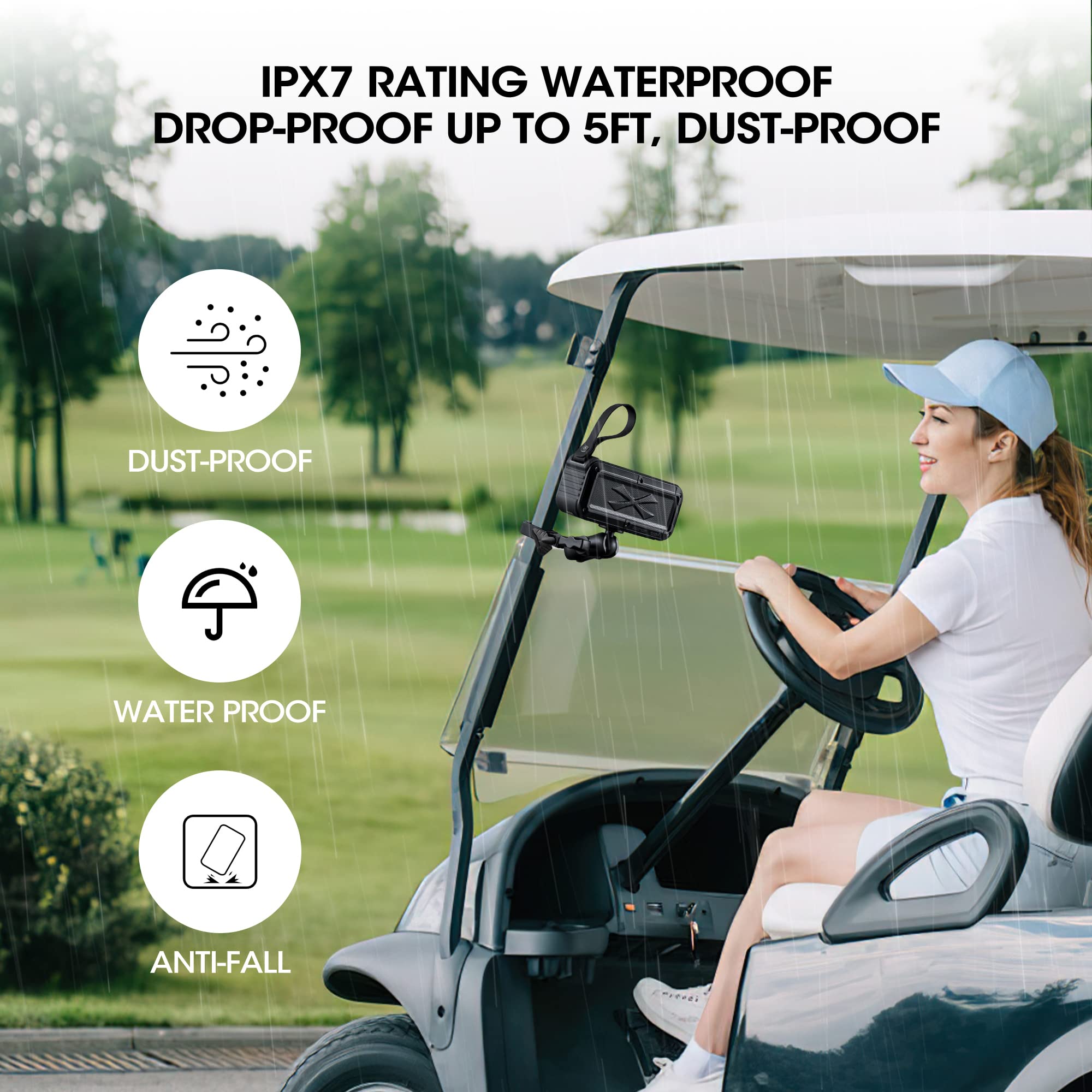 Roykaw Golf Bluetooth Speaker With Mount, Loud Stereo Sound, Ipx7 Waterproof, Shockproof & Dustproof, Portable Wireless Speaker