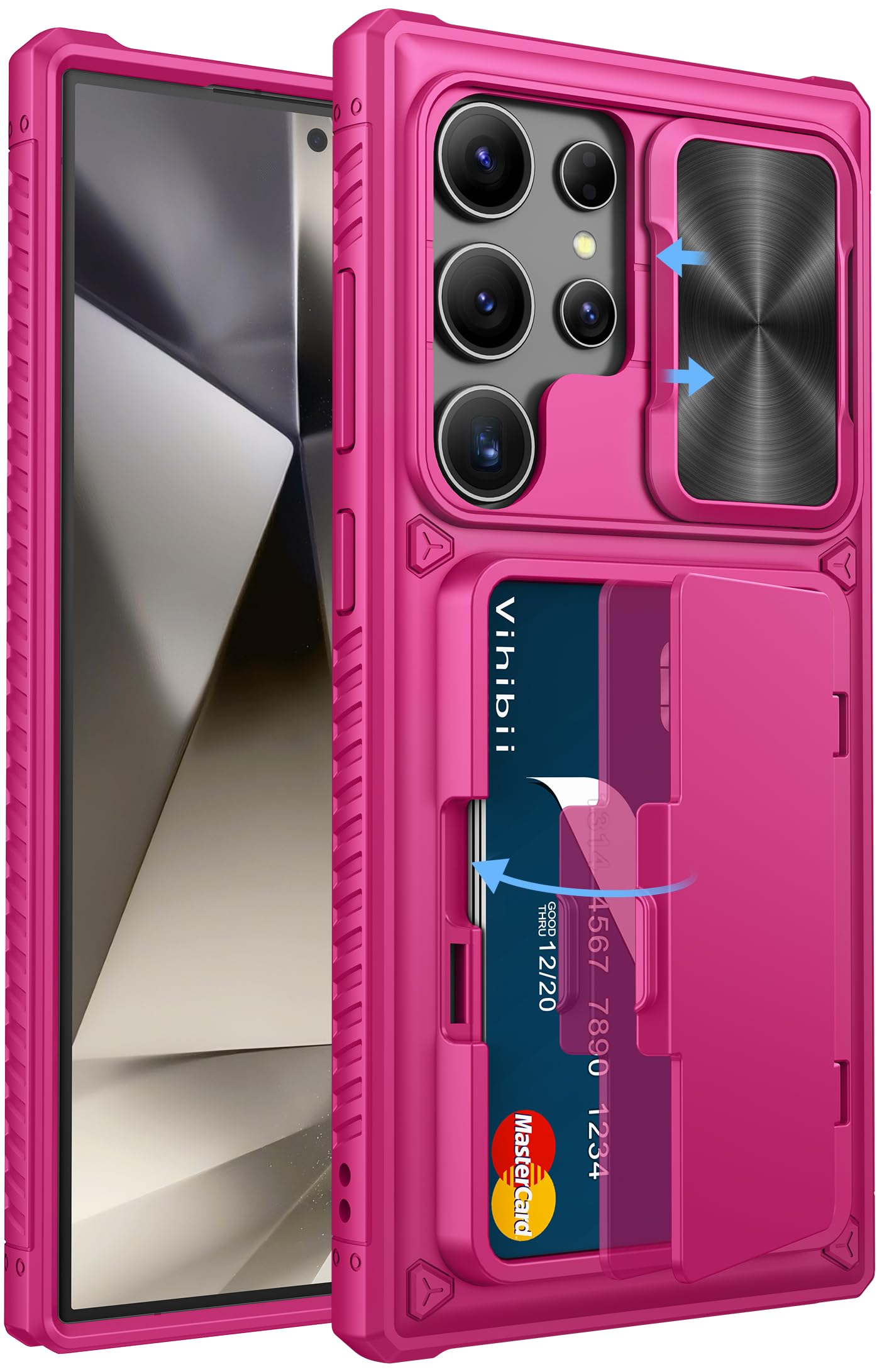 Vihibii For Samsung Galaxy S24 Ultra Case With Card Holder (4 Cards) & Slide Camera Cover & Kickstand, Shockproof Rugged Hard Ba