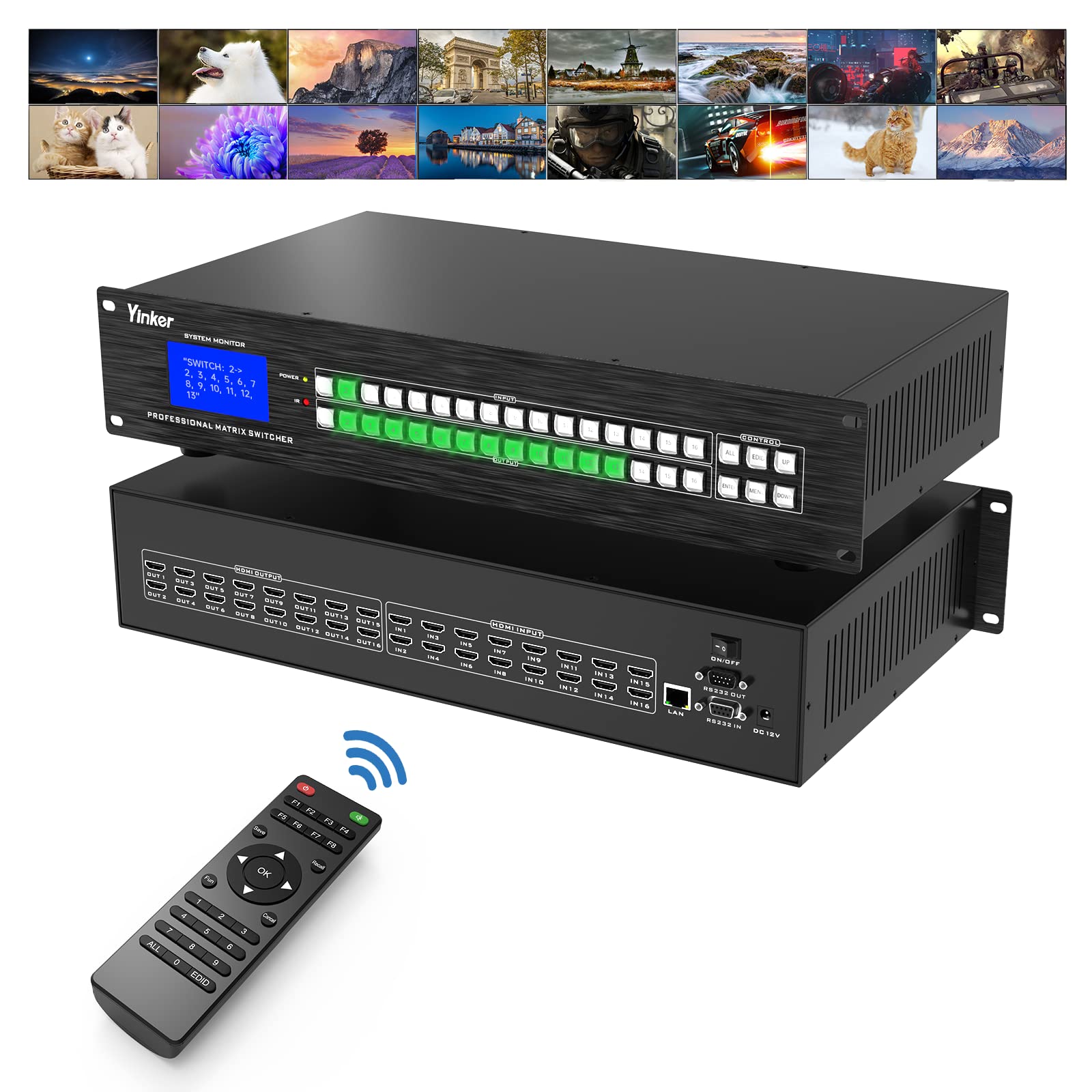 4K Hdmi Matrix 16X16, Yinker Hdmi Matrix 16 In 16 Out Rack Mount Hdmi Switcher & Splitter With Ir Remote, 4K@30Hz Edid Hdcp Rs23