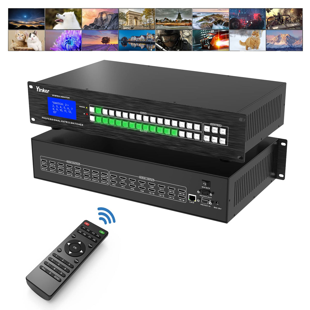 4K Hdmi Matrix 16X16, Yinker Hdmi Matrix 16 In 16 Out Rack Mount Hdmi Switcher & Splitter With Ir Remote, 4K@30Hz Edid Hdcp Rs232 Lan Control