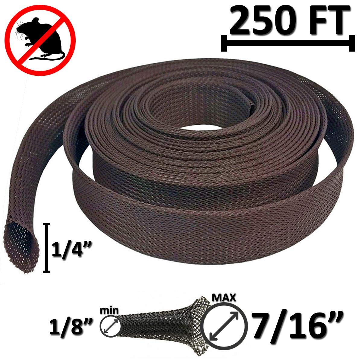 Electriduct 1/4'' Chewing Resistant Braided Sleeving Repulsive Hose Wire Mesh Cable Protection Flexible Expandable Wrap   250 Fe