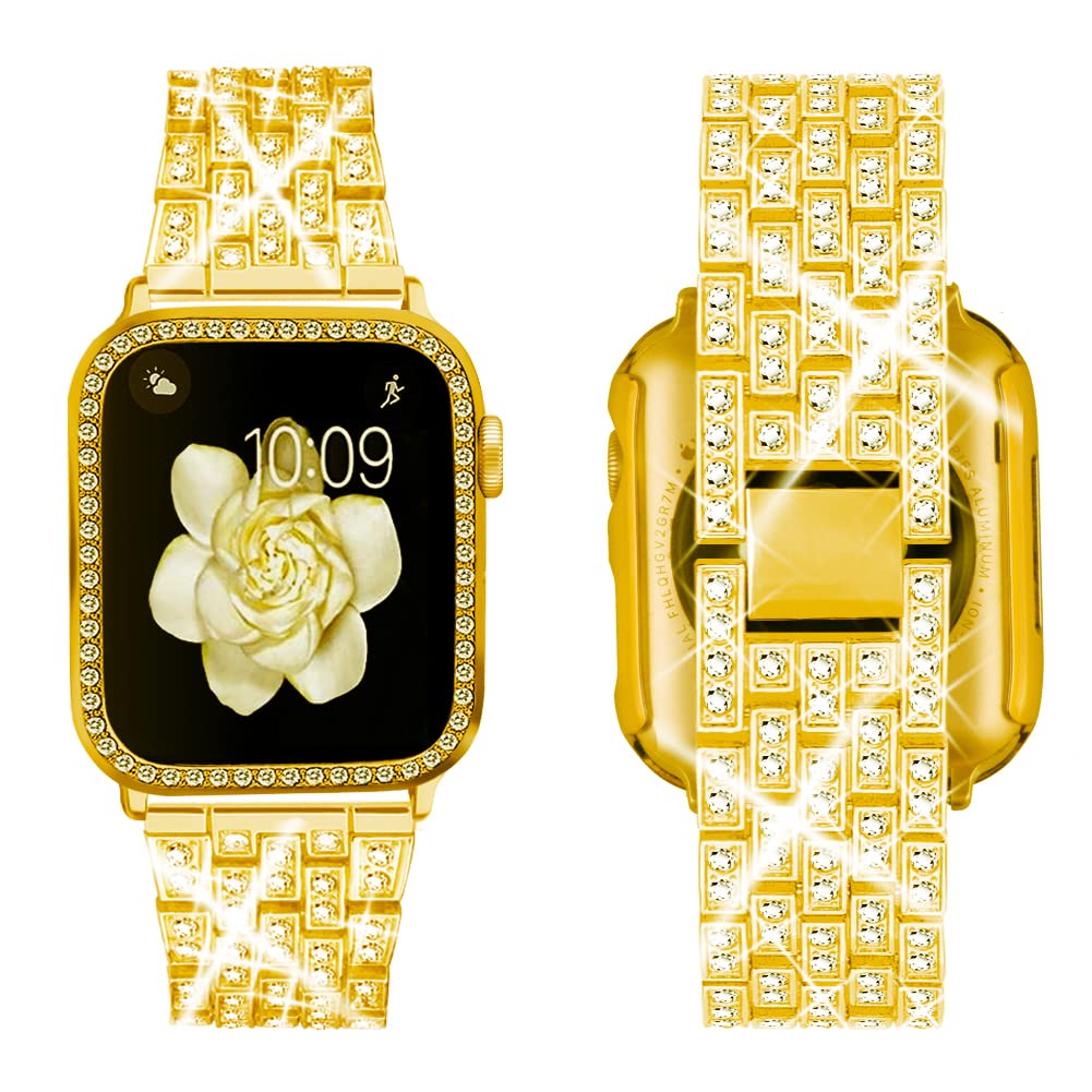 Supoix Compatible With Apple Watch Band 41Mm + Case, Women Jewelry Bling Diamond Replacement Metal Strap & Soft Tpu Bumper Prote