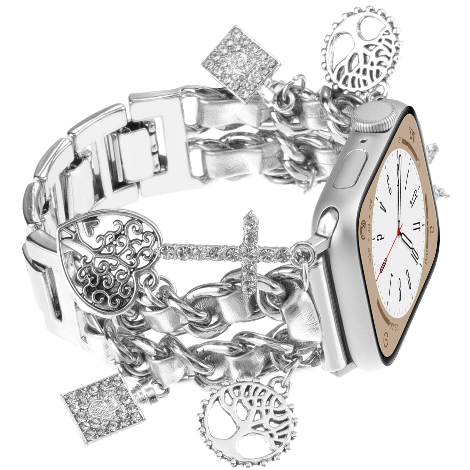 Realsign Stylish Metal Wristband Compatible With Apple Watch Band 38Mm 40Mm 41Mm,Cuban Chain Bracelet Tree Of Life Cross Pendant