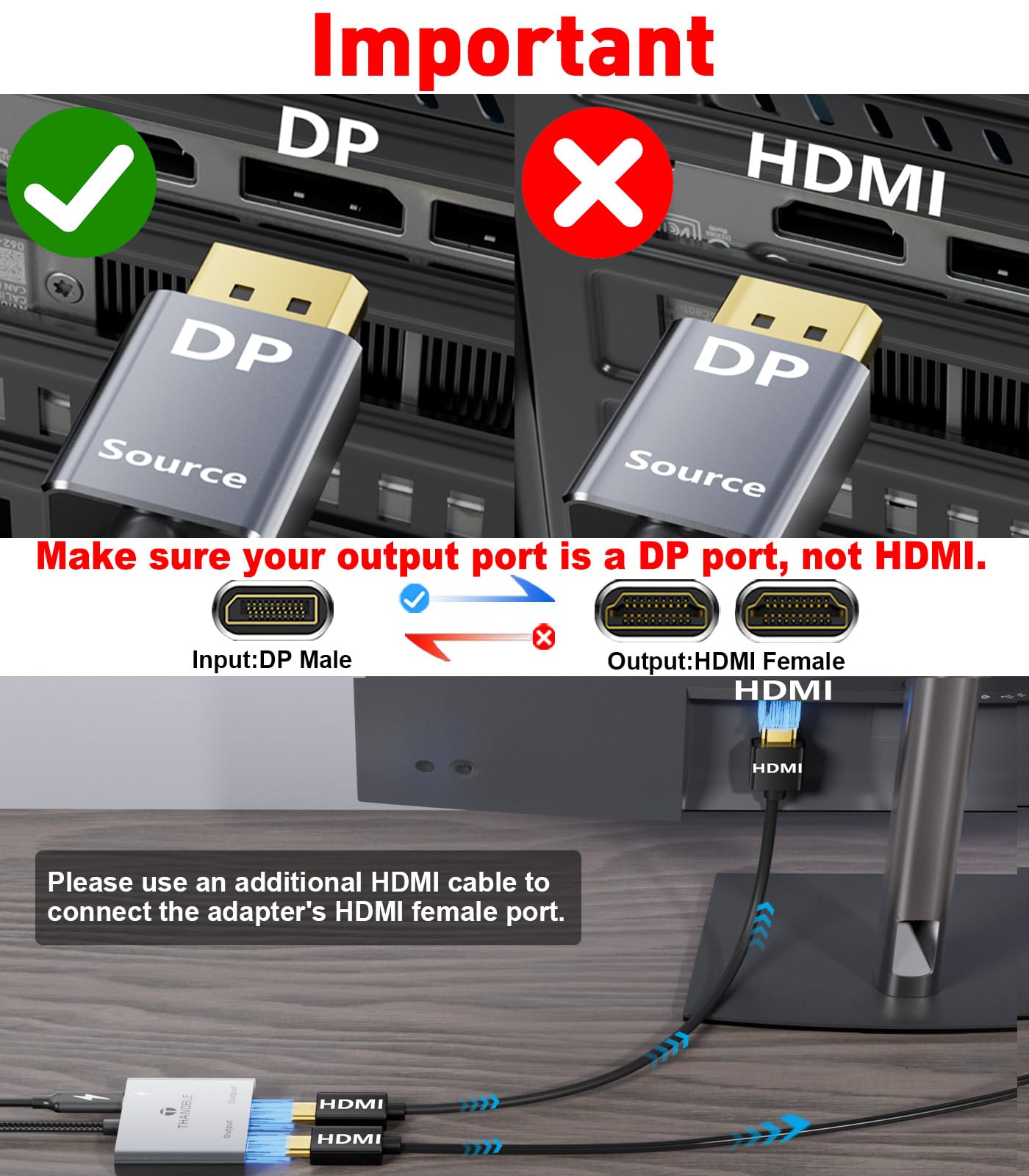 Thandble Displayport To Dual Hdmi Adapter (4K@60Hz) Dp To Hdmi Splitter For Dual Monitors Extended Display Mst Display Port To H