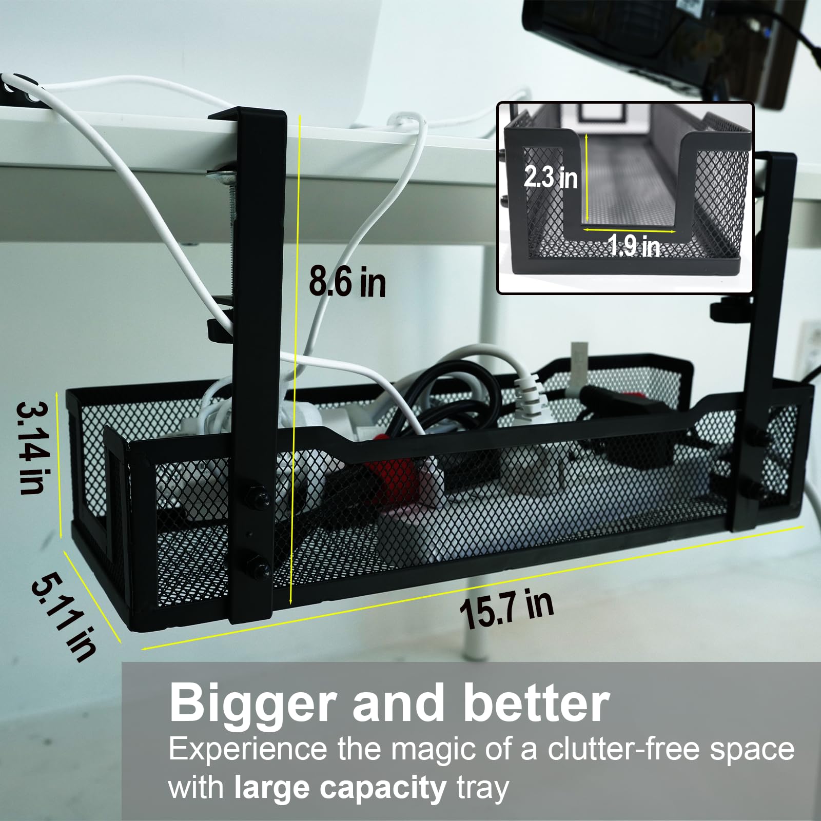 No Drill Under Desk Cable Management Tray With Clamp Premium Wire Tray Cord Organizer   Thin Steel Cable Tray Basket With Charge
