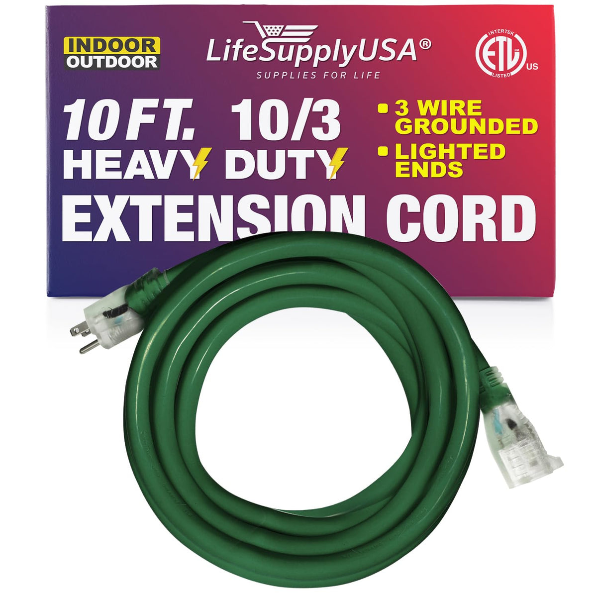 10 Ft Power Extension Cord Outdoor & Indoor Heavy Duty 10 Gauge/3 Prong Sjtw (Green) Lighted End Extra Durability 15 Amp 125 Vol