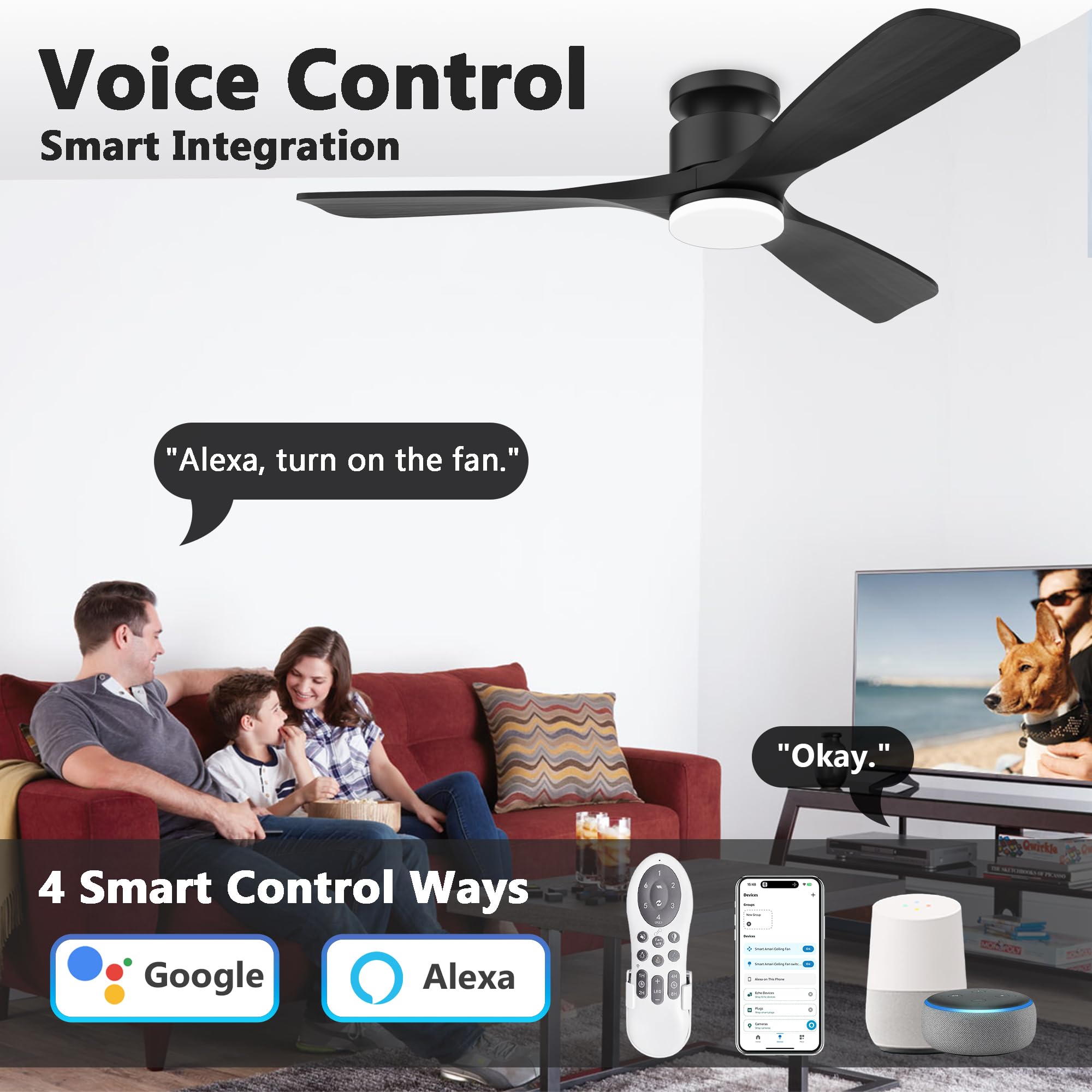 52 Inch Smart Low Profile Ceiling Fan,Solid Wood Ceiling Fan With Lights Remote,Outdoor Indoor Flush Mount,Wifi Alexa App Contro