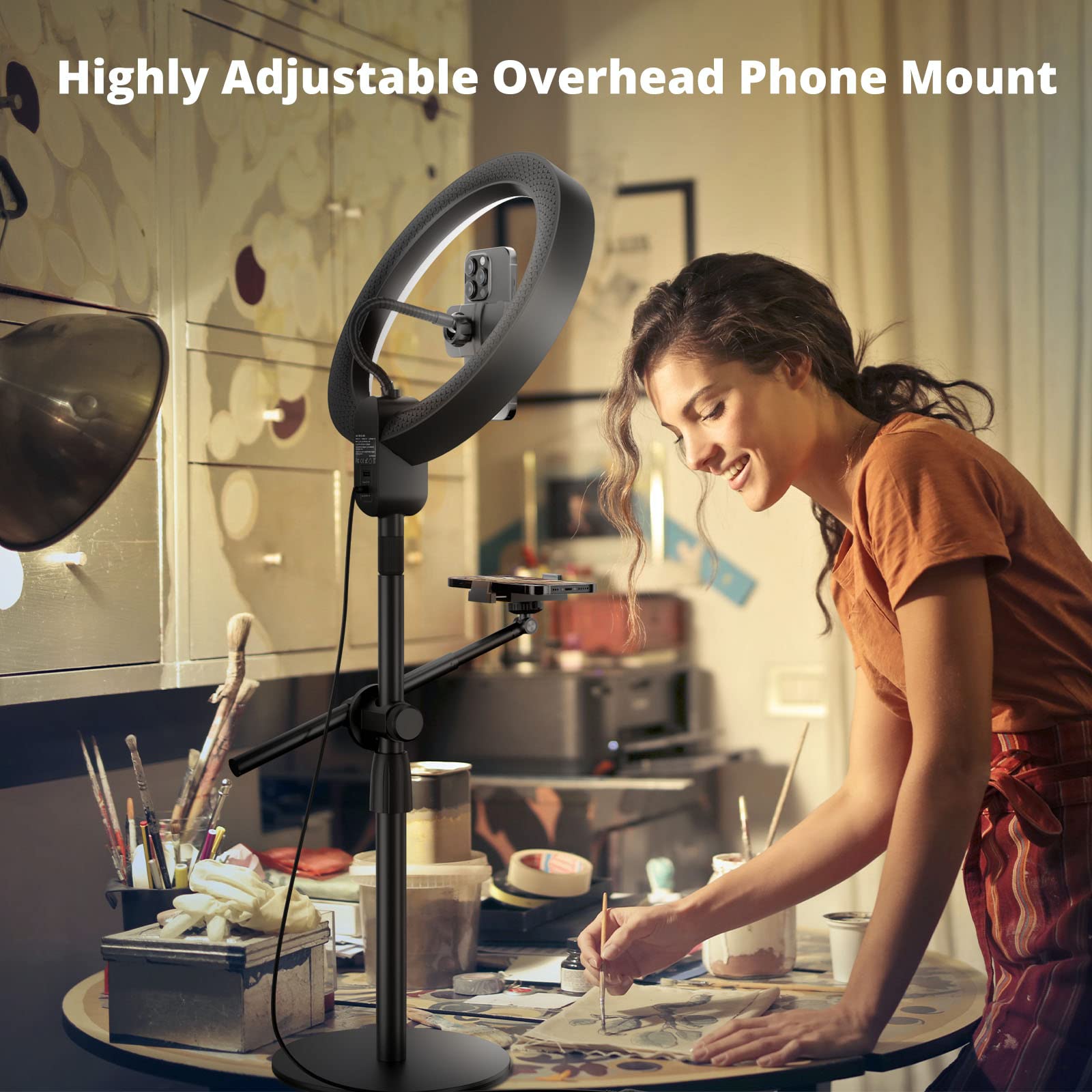 Supedesk 12'' Ring Light With Stand And Phone Holder,Overhead Phone Stand,2 Phone Holders,2700 6500K,3 Color Modes,10 Brightness