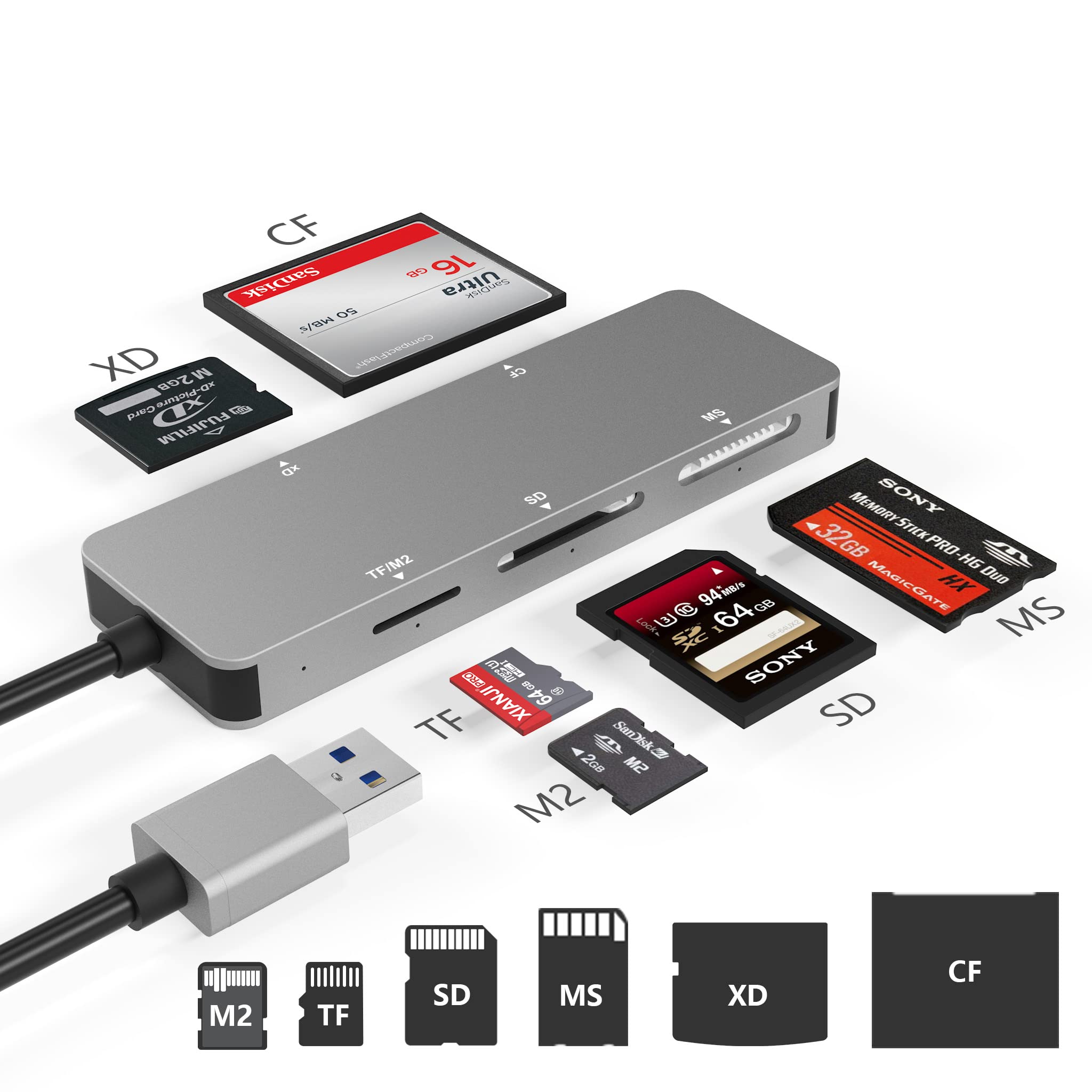 Usb3.0 Xd Card Reader, Usb 3.0 (5Gps) High Speed Tf/Sd/Ms/M2/Xd/Cf Memory Card Solt Combo Adapter, 6 In 1 Aluminum Card Reader,C