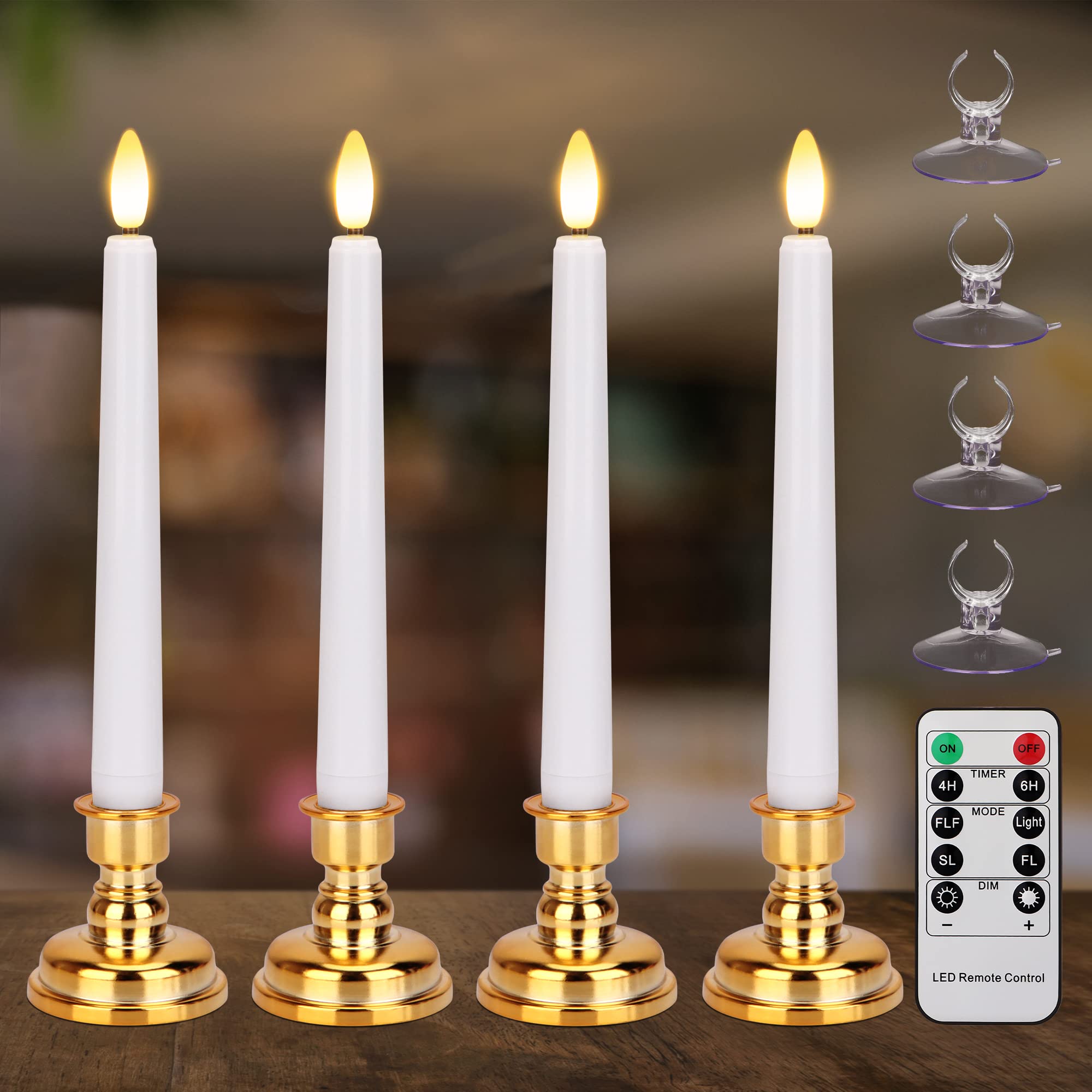 Fpoo Flameless Taper Candles Flickering With Remote Timer, 4Pcs Battery Operated Window Candles With Gold Candlesticks And Sucti