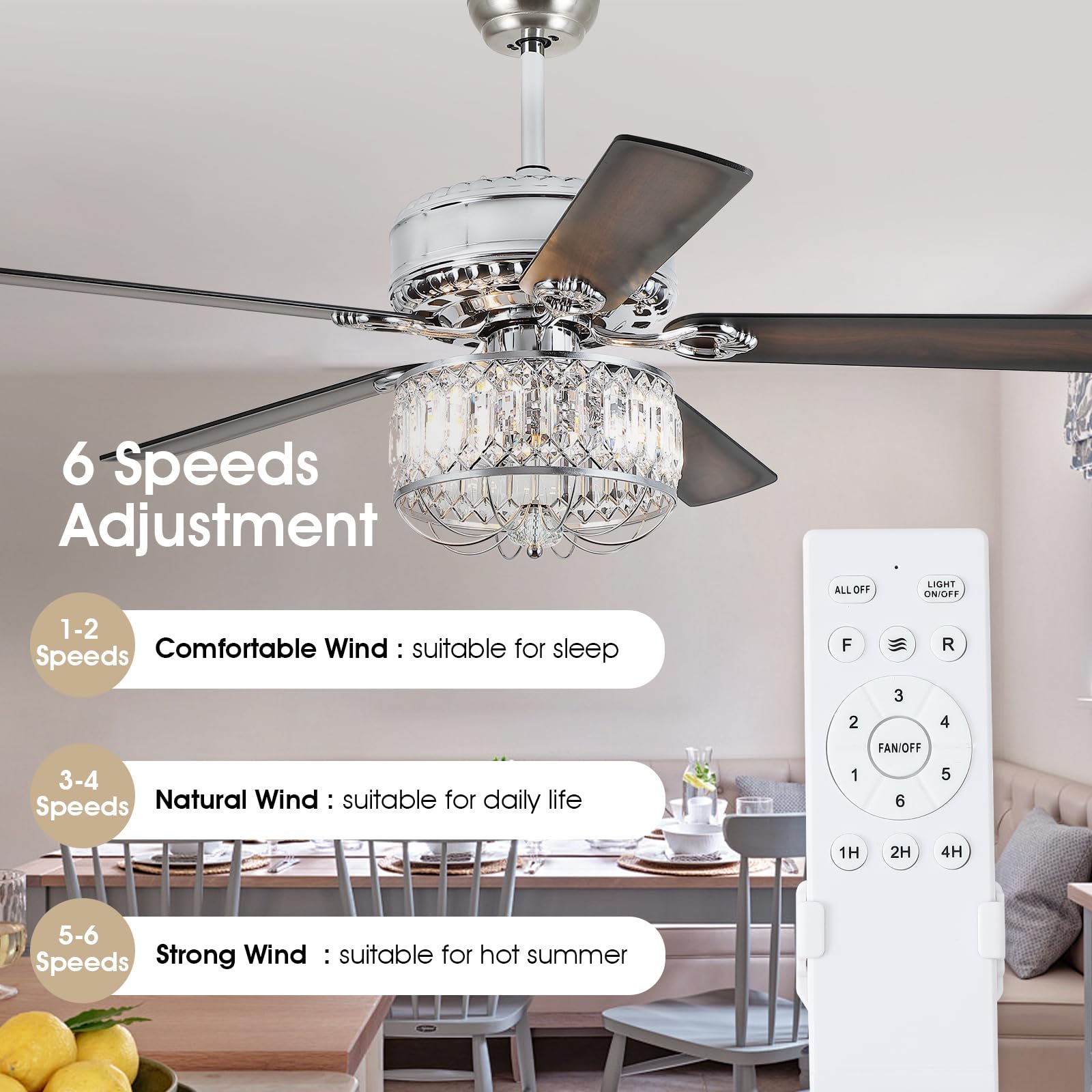 Kviflon Farmhouse Ceiling Fans With Lights And Remote, 52 Inch Indoor Chandelier Ceiling Fan With Light, Crystal Fandelier Ceili